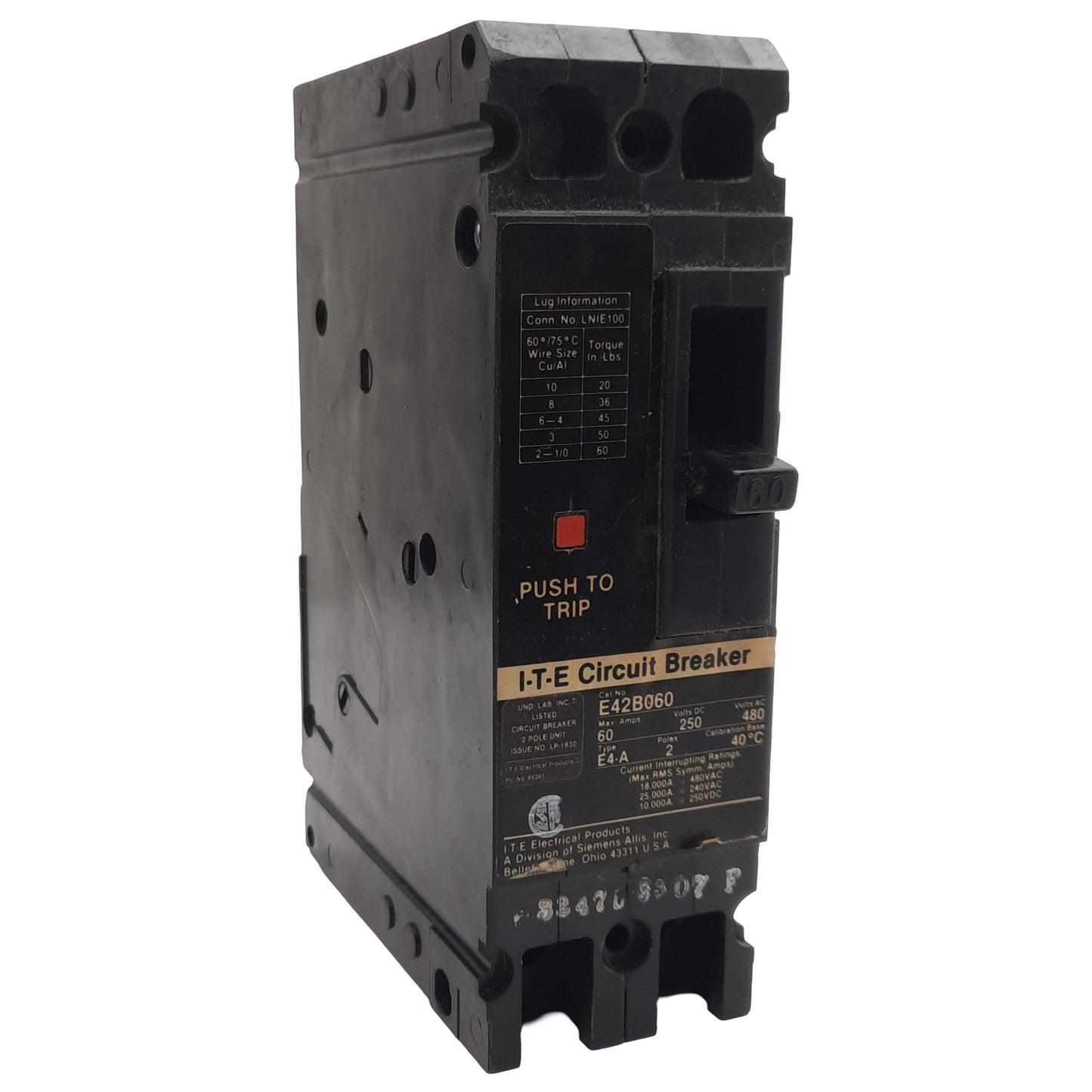 Used Siemens E42B060 I-T-E Circuit Breaker, 2-Poles, 60A 250VDC 480VAC 1-PH, Bolt-On