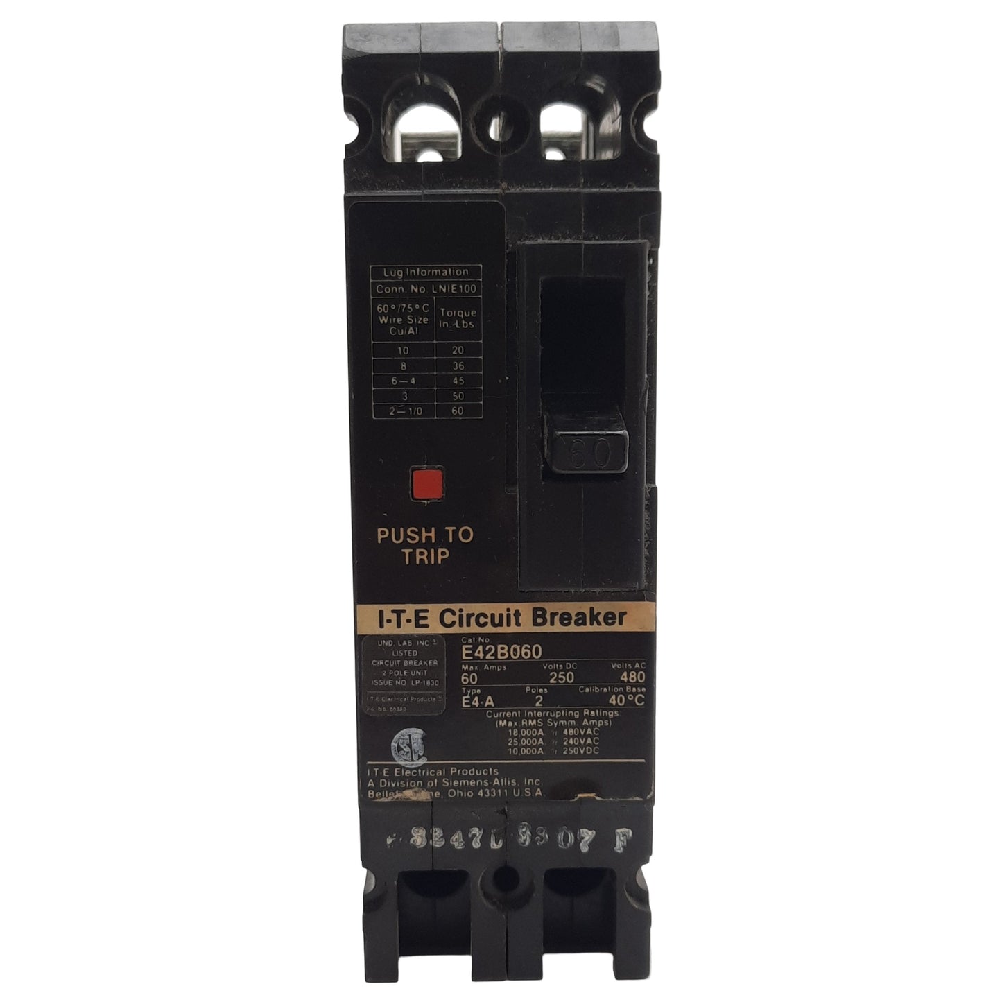 Used Siemens E42B060 I-T-E Circuit Breaker, 2-Poles, 60A 250VDC 480VAC 1-PH, Bolt-On