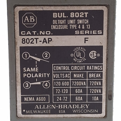 Used Allen Bradley 802T-AP Oiltight Spring Return Limit Switch, 10A 120-600VAC