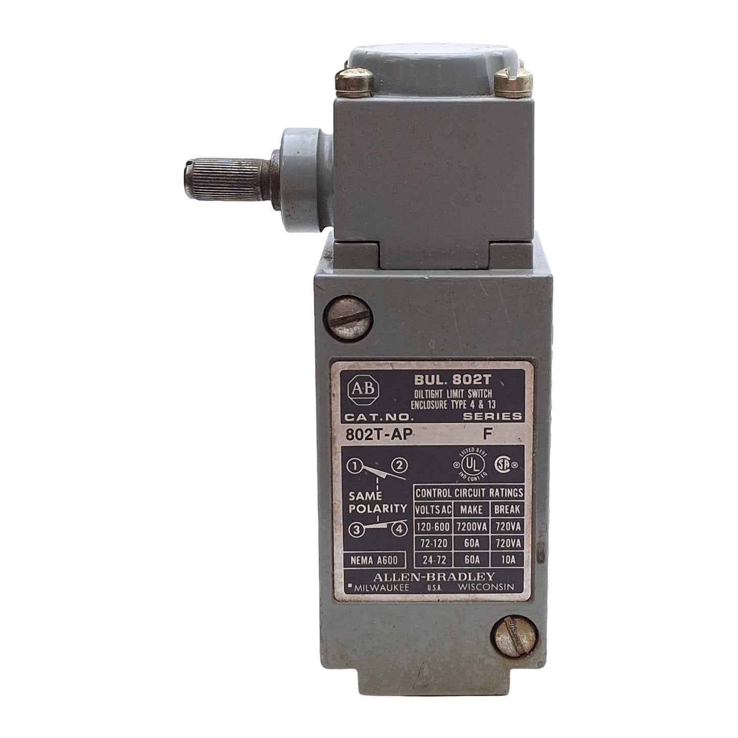 Used Allen Bradley 802T-AP Oiltight Spring Return Limit Switch, 10A 120-600VAC