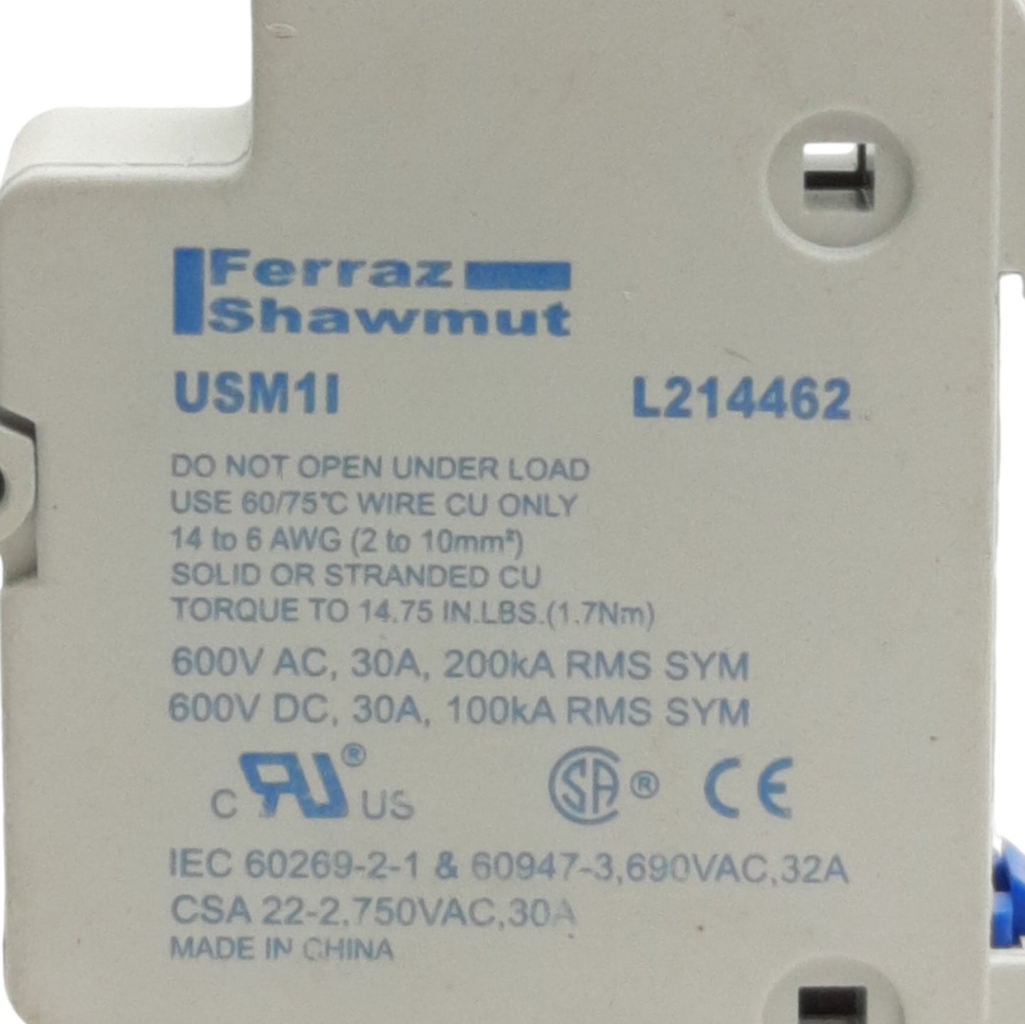 Used Lot of 6 Ferraz Shawmut USM1I Ultrasafe Fuse Holders 600VAC 30A, 1-Pole, 10x38mm