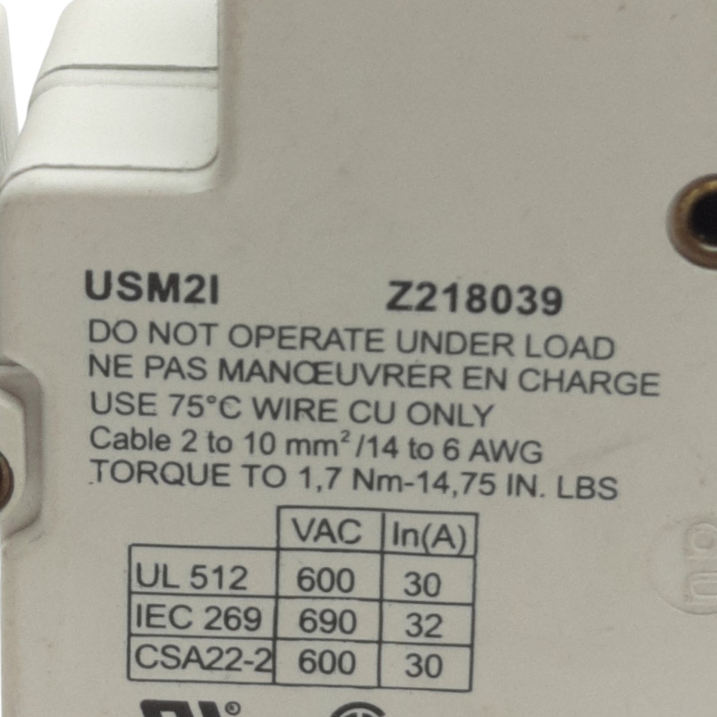 Used Ferraz Shawmut USM2I Fuse Holder Block, 2-Pole, 600V 30A, Midget 1-1/2 x 13/32in