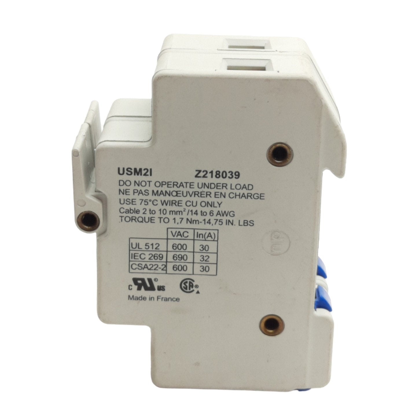 Used Ferraz Shawmut USM2I Fuse Holder Block, 2-Pole, 600V 30A, Midget 1-1/2 x 13/32in