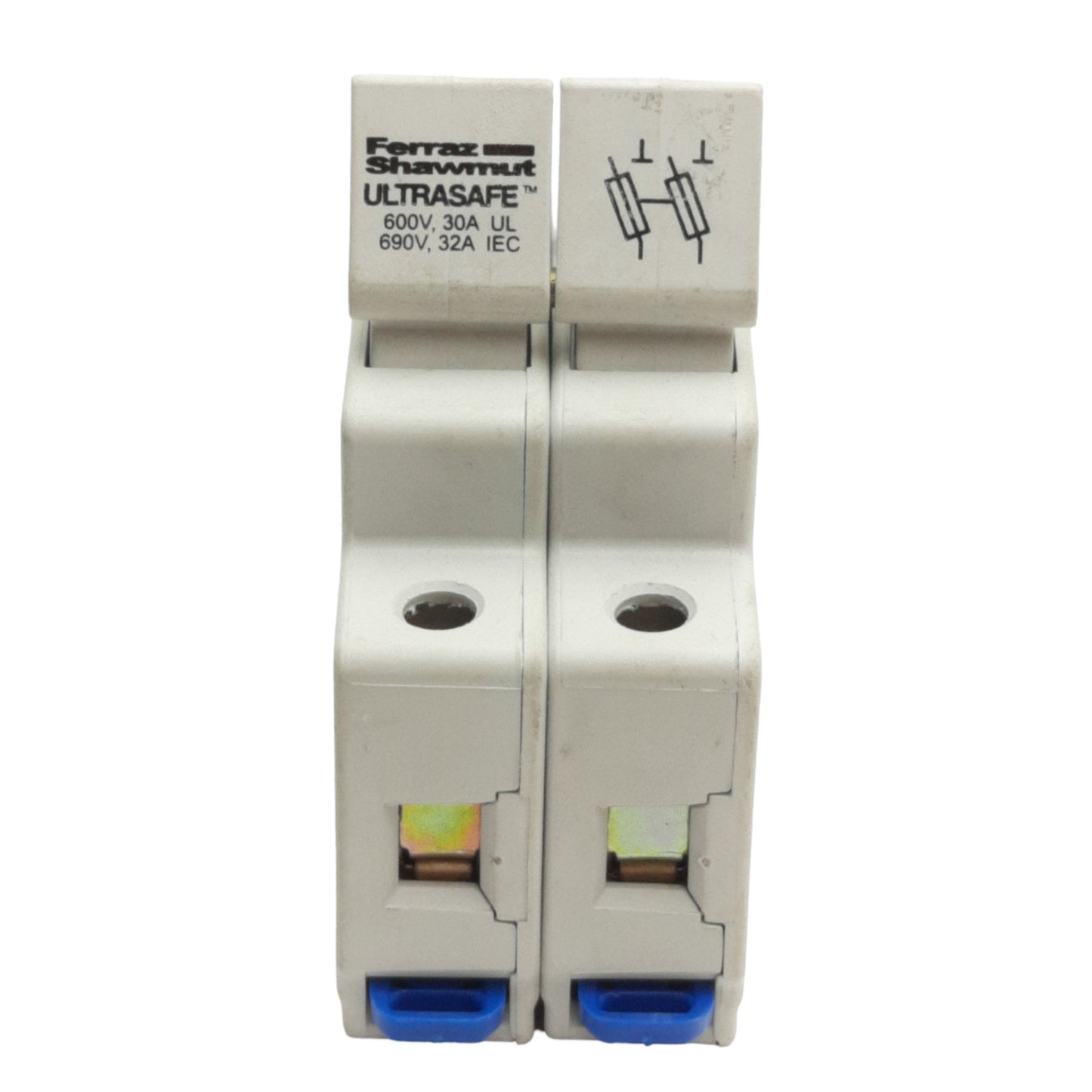 Used Ferraz Shawmut USM2I Fuse Holder Block, 2-Pole, 600V 30A, Midget 1-1/2 x 13/32in