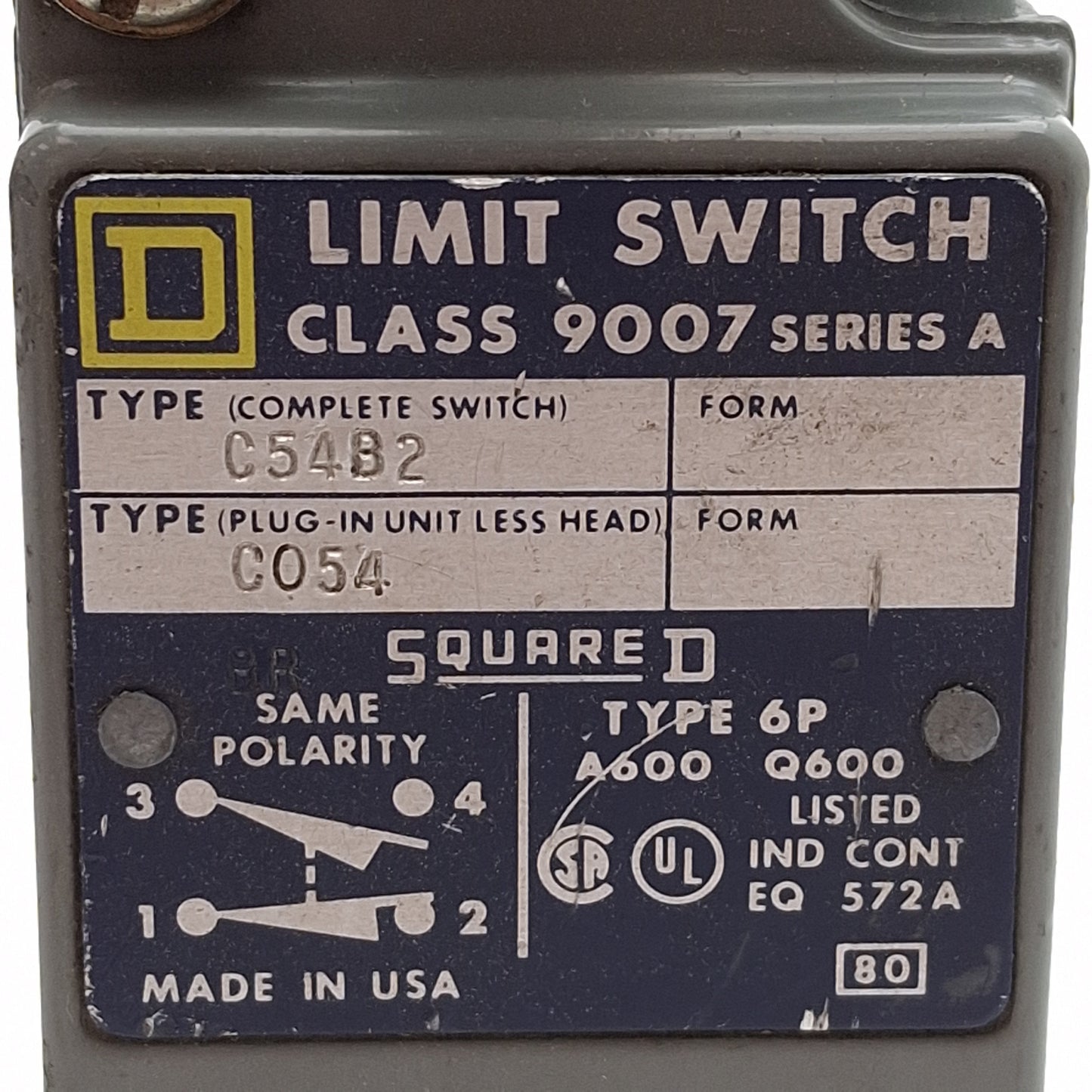 Used Square D 9007C54B2 Heavy Duty Rotary Limit Switch, 1NC+1NO, 600VAC 10A, 1/2NPT