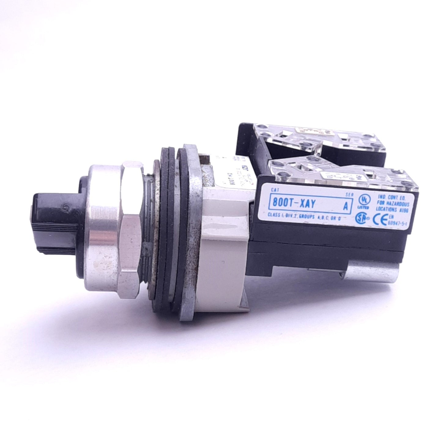 Used Allen Bradley 800T-H2 Selector Switch w/ 800T-XAY Contact, 1NO 1NC, 600VAC 5A