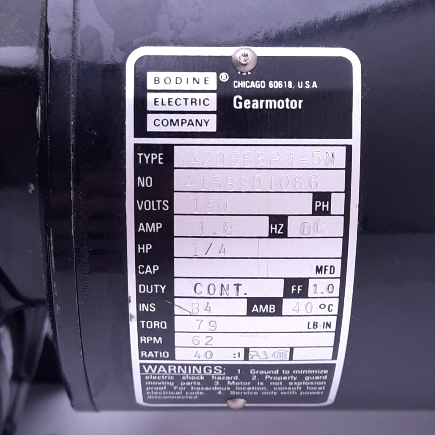 Used Bodine 42D5BEPM-5N Gear Motor, 40:1, 1/4hp, 62rpm, 79lb-in, 130VDC 1.8A