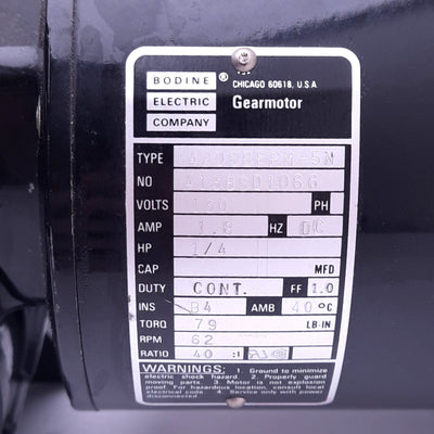 Used Bodine 42D5BEPM-5N Gear Motor, 40:1, 1/4hp, 62rpm, 79lb-in, 130VDC 1.8A
