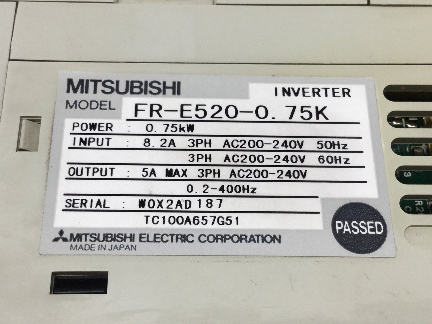 Used Mitsubishi FR-E520-0.75K FREQROL E500 Inverter Motor Drive, 1HP, 3PH 200-240VAC