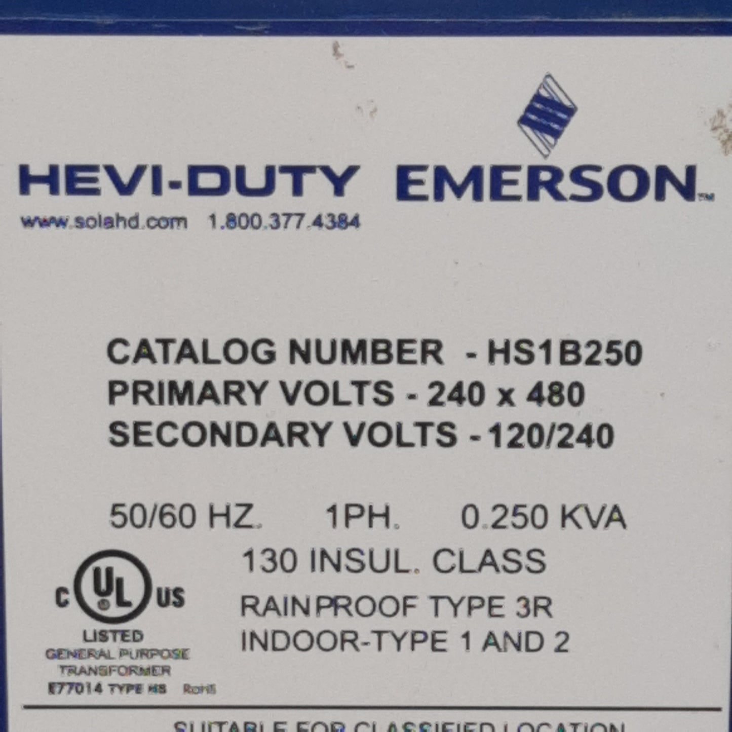 Used Emerson HS1B250 Transformer 240/480VAC Primary 120/240VAC Secondary 1-PH 0.25kVA