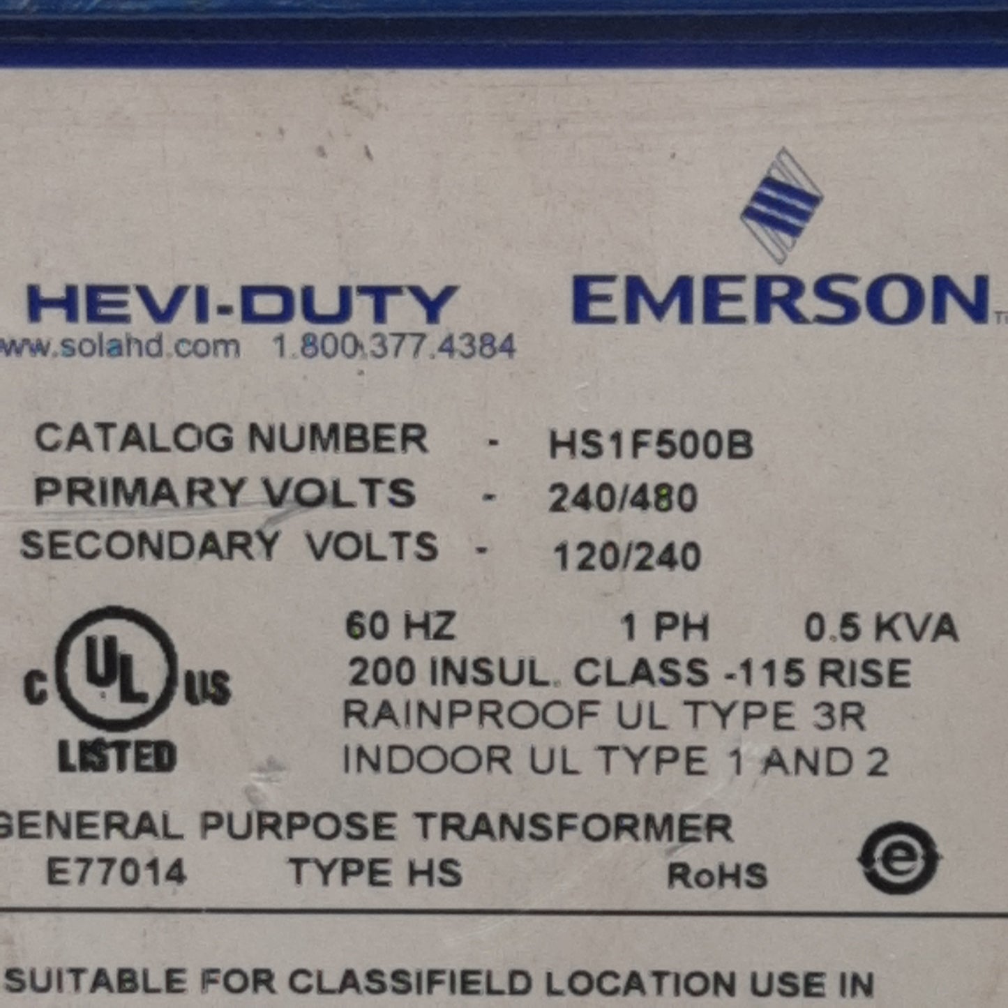 Used Emerson HS1F500B Transformer, 240/480VAC Primary 120/240VAC Secondary 1PH 0.5kVA
