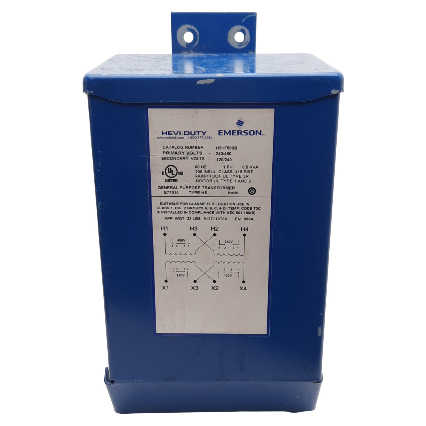 Used Emerson HS1F500B Transformer, 240/480VAC Primary 120/240VAC Secondary 1PH 0.5kVA