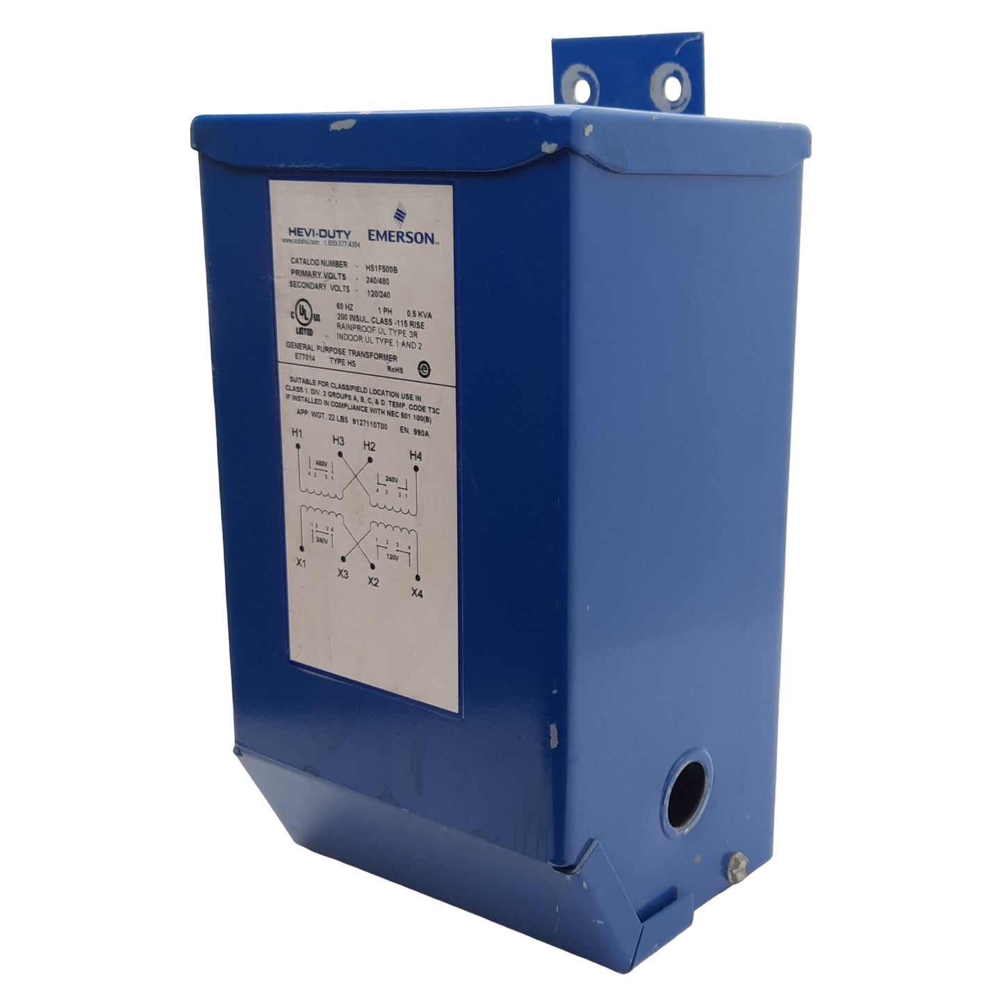 Used Emerson HS1F500B Transformer, 240/480VAC Primary 120/240VAC Secondary 1PH 0.5kVA