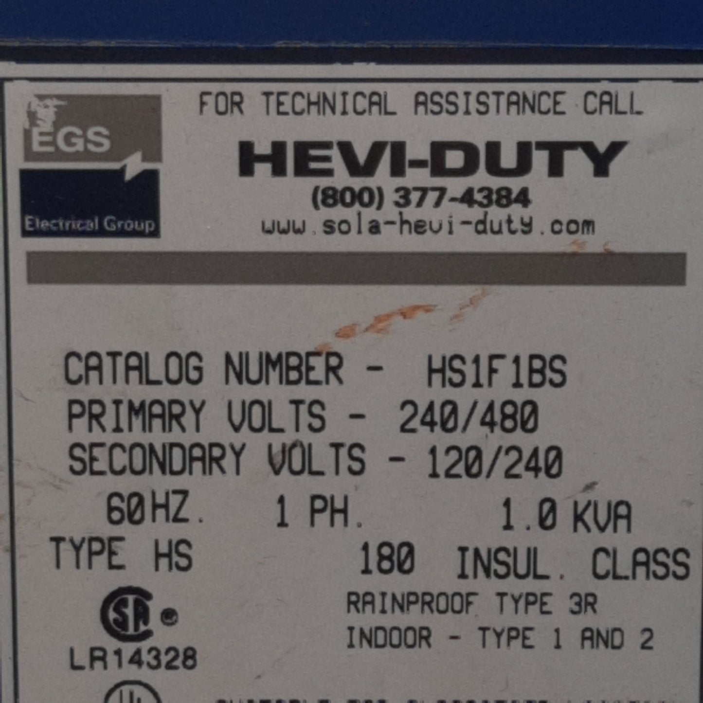 Used EGS Hevi-Duty HS1F1BS Transformer, 240/480VAC Pri, 120/240VAC Sec, 1-Phase 1kVA