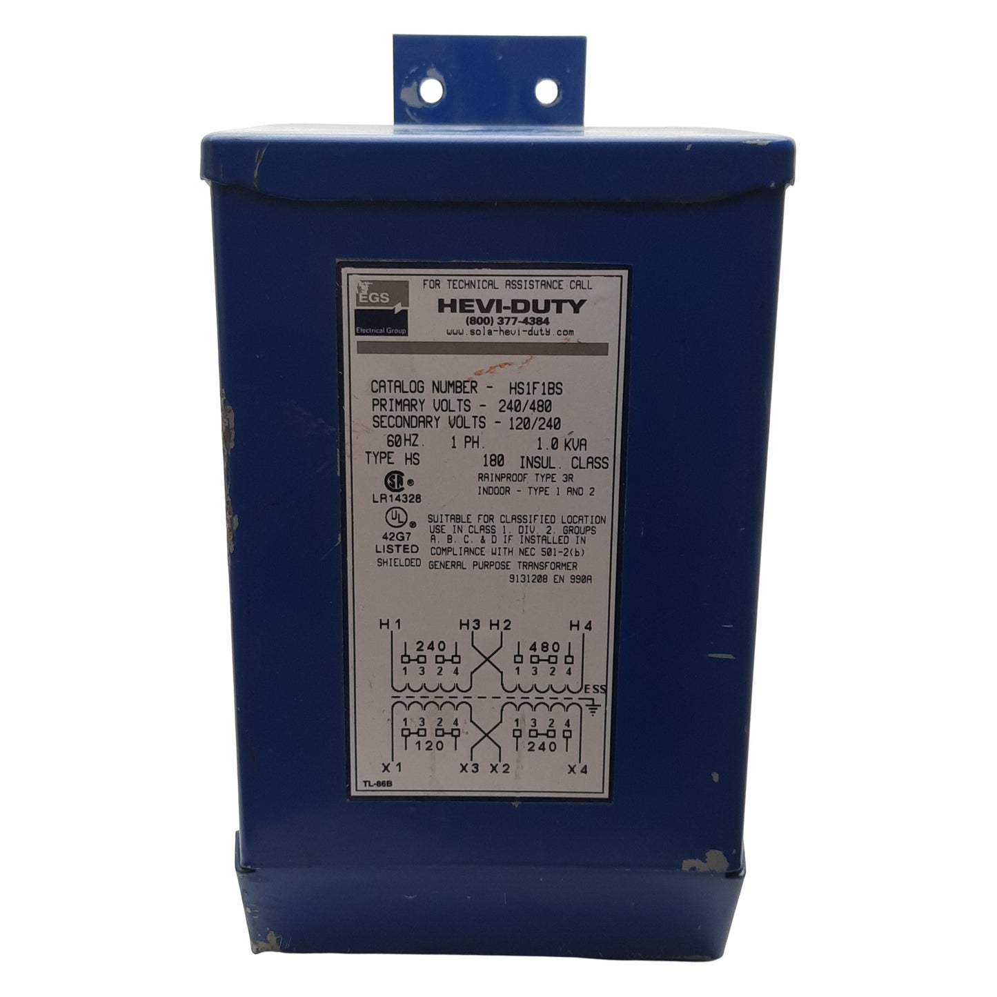 Used EGS Hevi-Duty HS1F1BS Transformer, 240/480VAC Pri, 120/240VAC Sec, 1-Phase 1kVA