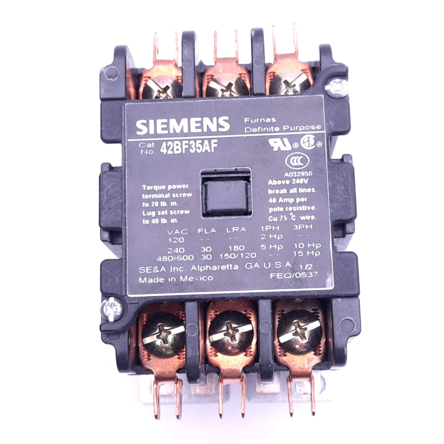 Used Siemens 42BF35AF Definite Purpose Contactor, 3 NO, 600VAC 30A Max, 120VAC Coil