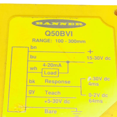 Used Banner Q50BVI L-GAGE LED Measurement Sensor, 100-300mm Range, 15-30VDC, 4-20mA