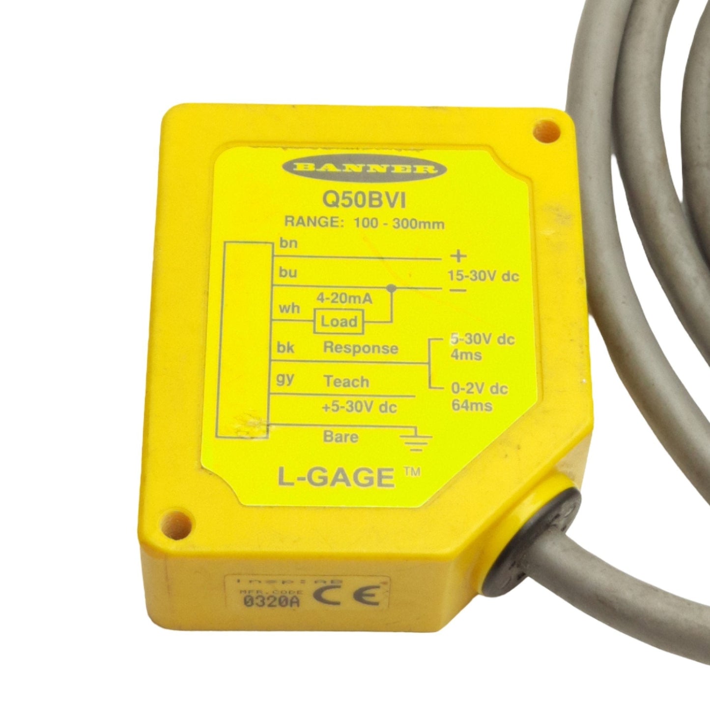 Used Banner Q50BVI L-GAGE LED Measurement Sensor, 100-300mm Range, 15-30VDC, 4-20mA