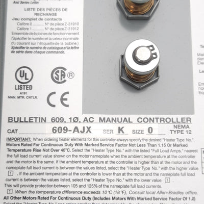 Used Allen Bradley 609-AJX Manual Motor Starter, Size 0, 1-Phase, 1-5HP, 115-230VAC