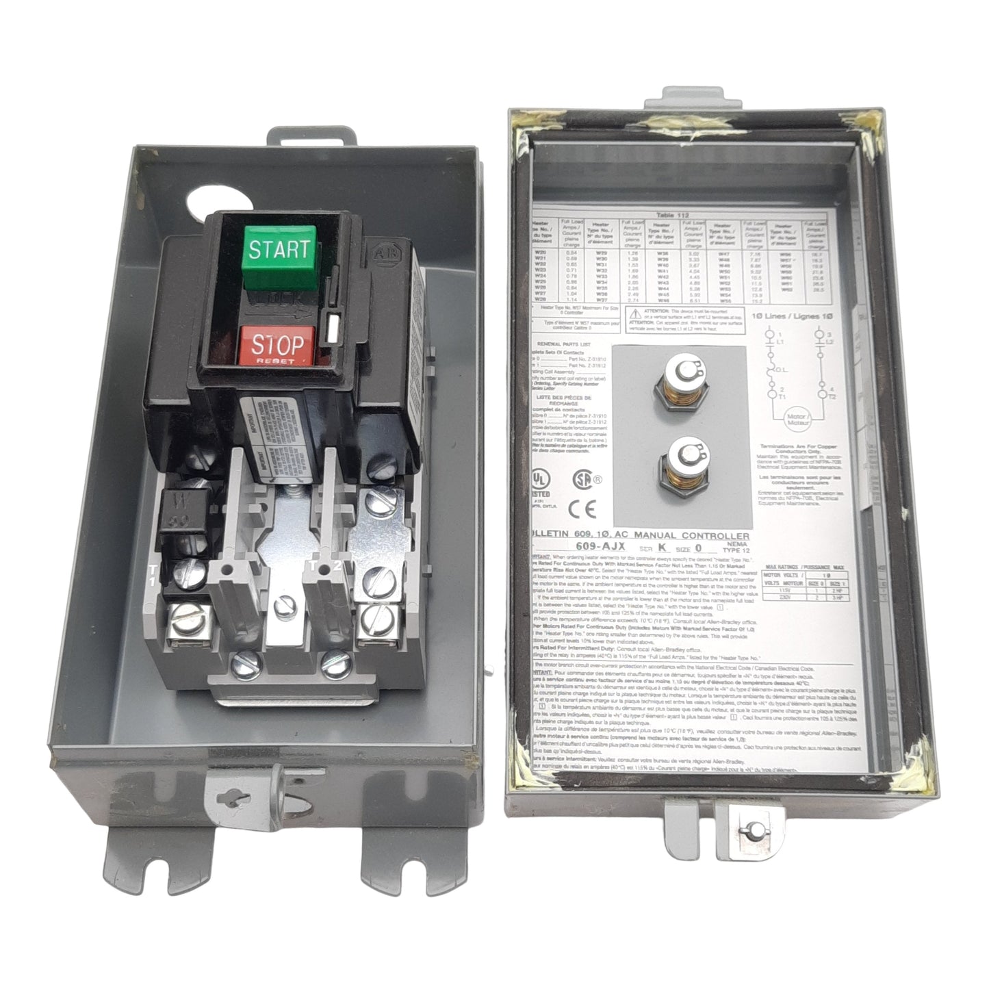 Used Allen Bradley 609-AJX Manual Motor Starter, Size 0, 1-Phase, 1-5HP, 115-230VAC