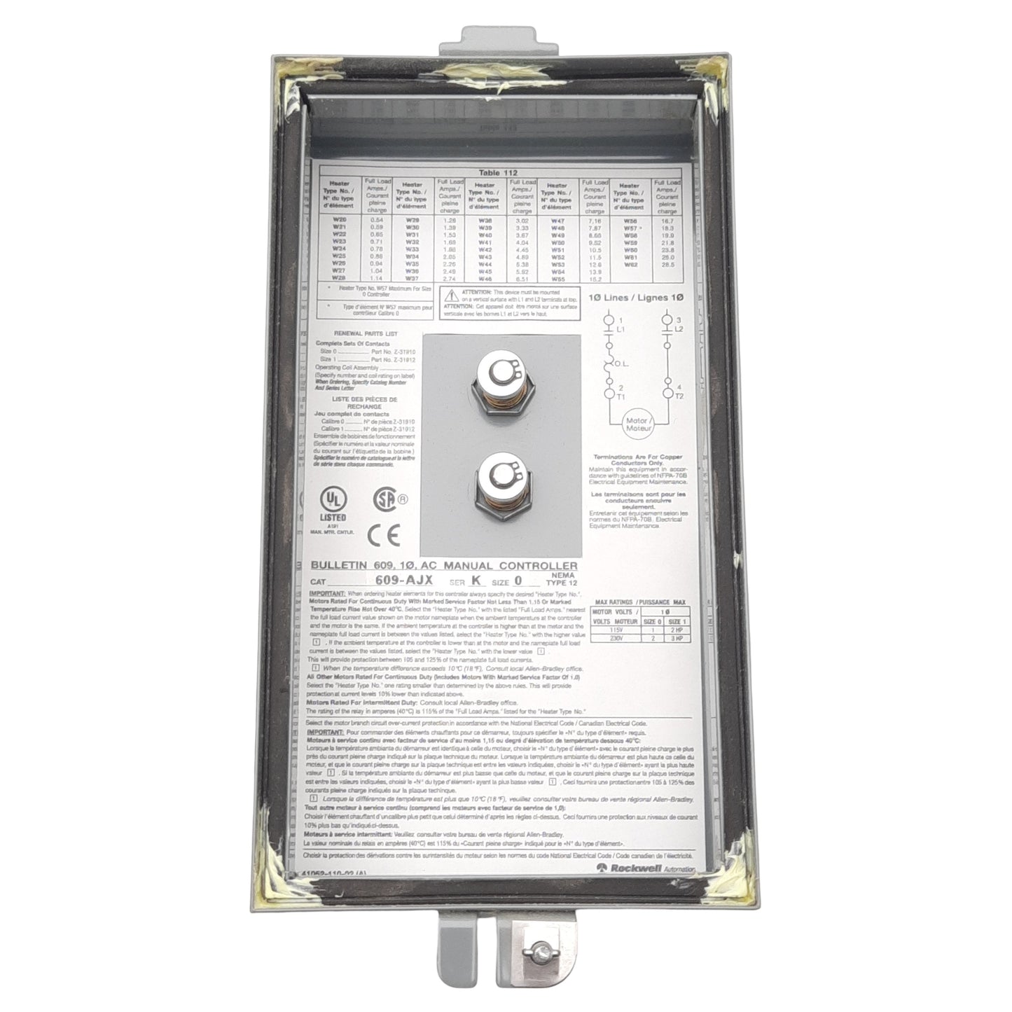 Used Allen Bradley 609-AJX Manual Motor Starter, Size 0, 1-Phase, 1-5HP, 115-230VAC