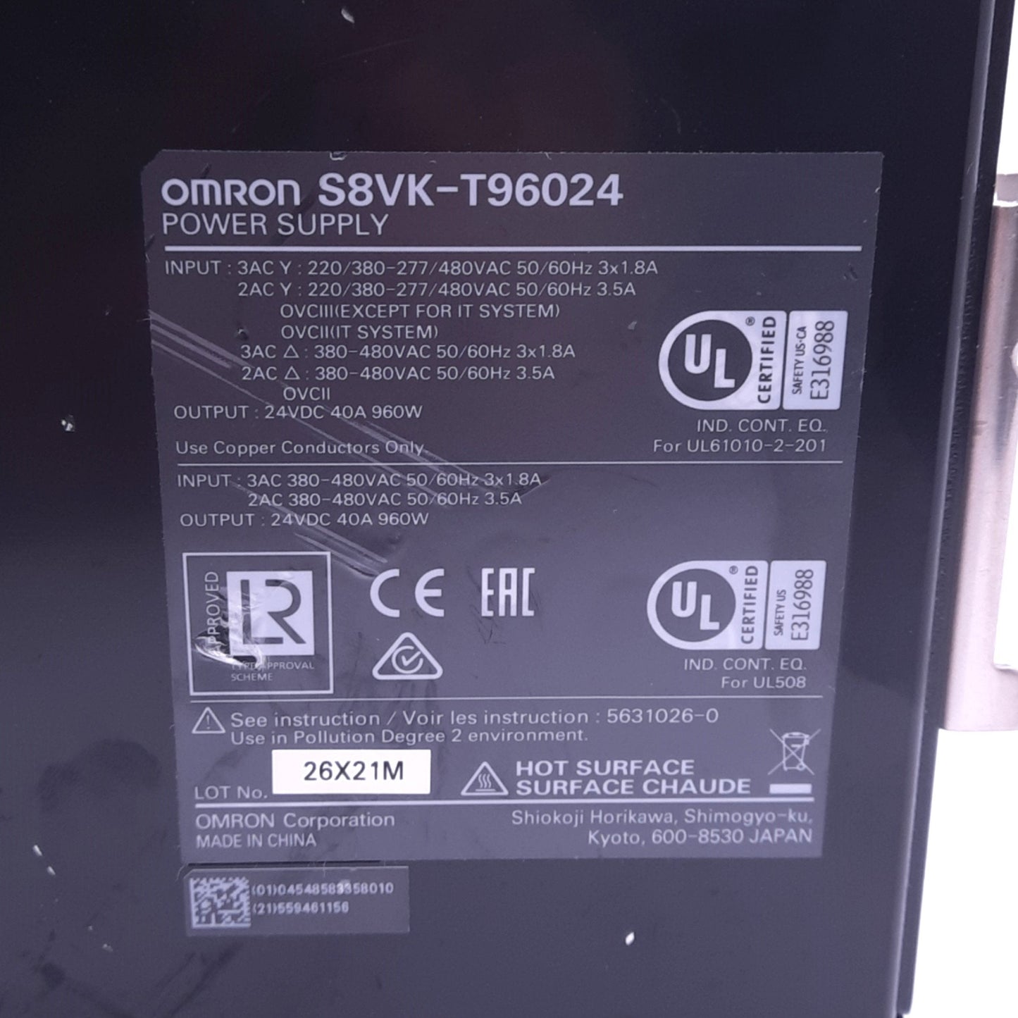 Used Omron S8VK-T96024 Power Supply, 380-480VAC 2/3-Phase In, 24VDC 40A Out, 960W Max