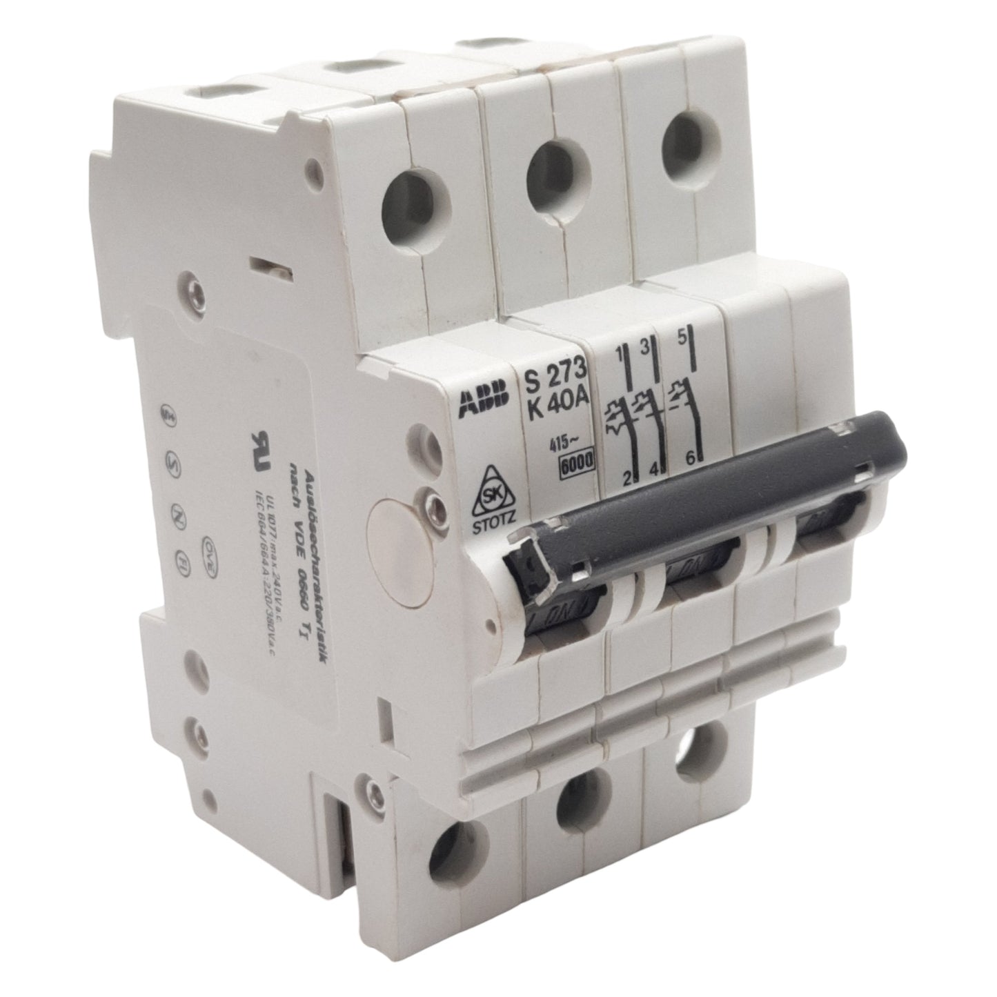 Used ABB S273-K40A Circuit Breaker, 3-Pole, 40A 415VAC/110VDC, DIN Rail Mount