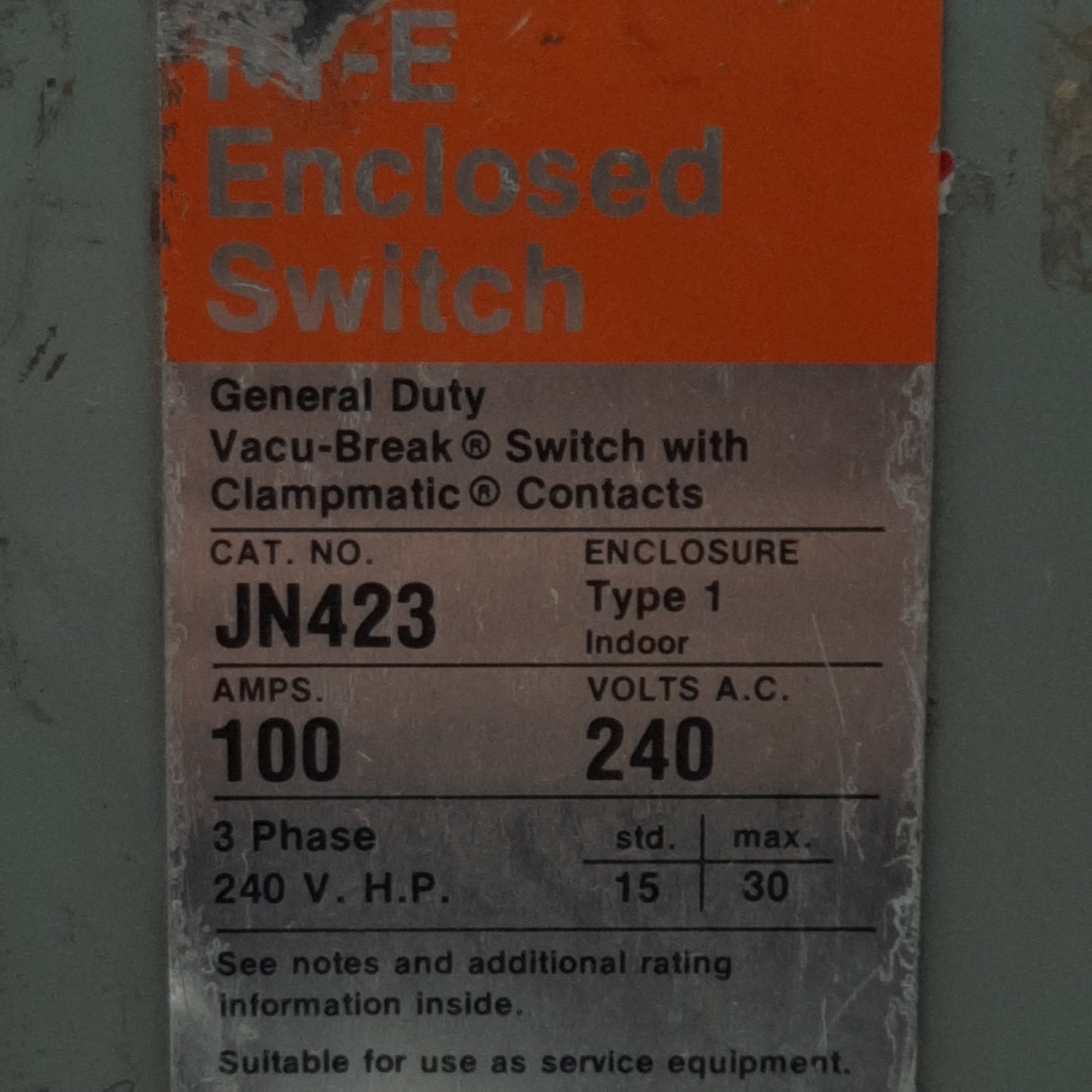 Used I-T-E JN-423 Heavy Duty Fusible Safety Switch, 3-Pole 3PH, 100A 240VAC/250VDC