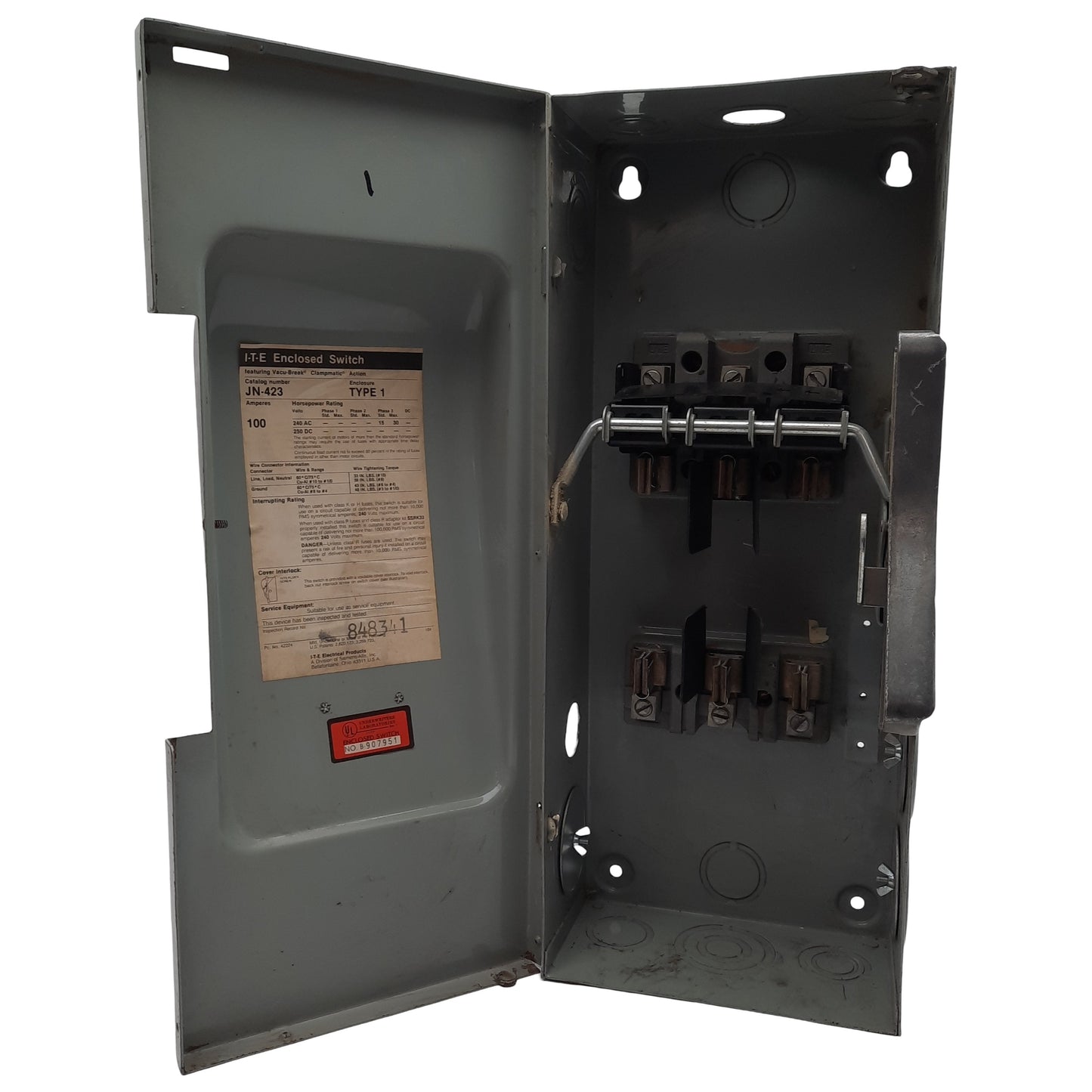 Used I-T-E JN-423 Heavy Duty Fusible Safety Switch, 3-Pole 3PH, 100A 240VAC/250VDC