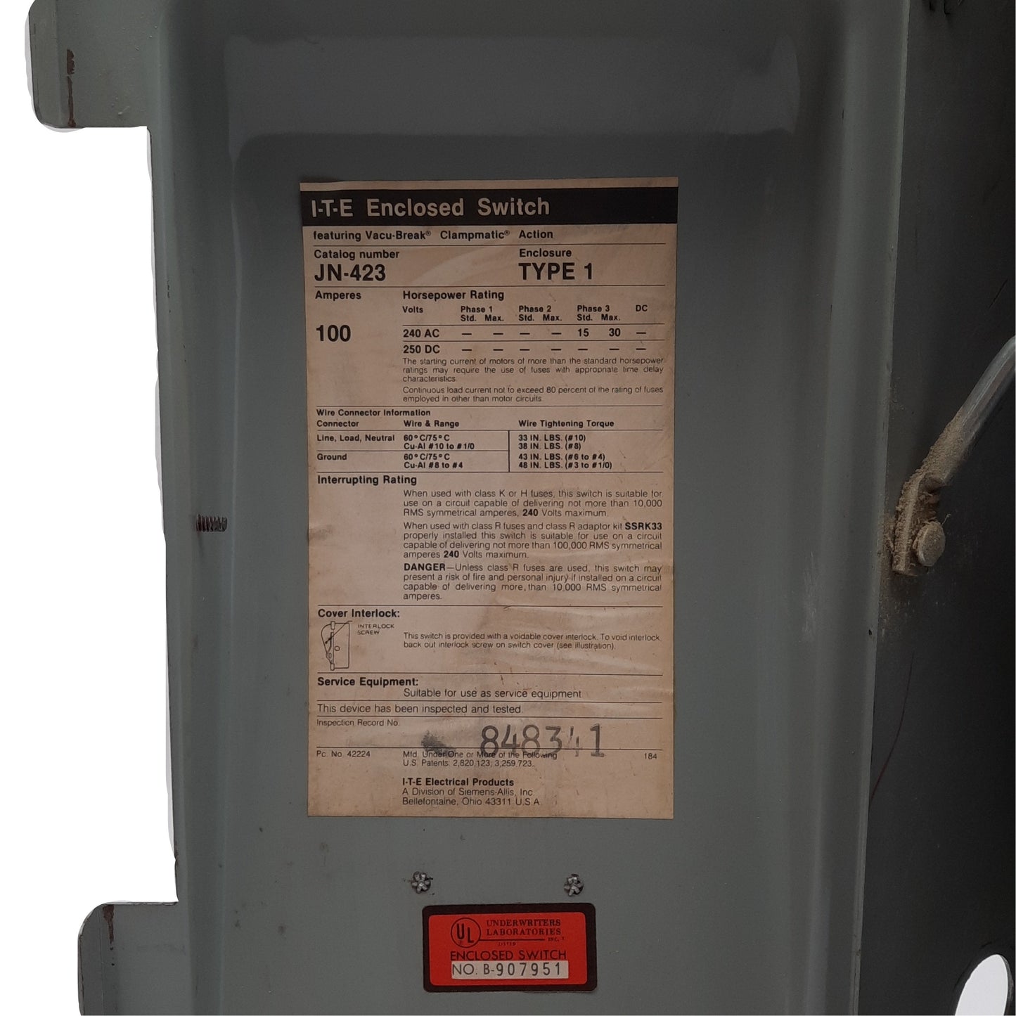 Used I-T-E JN-423 Heavy Duty Fusible Safety Switch, 3-Pole 3PH, 100A 240VAC/250VDC
