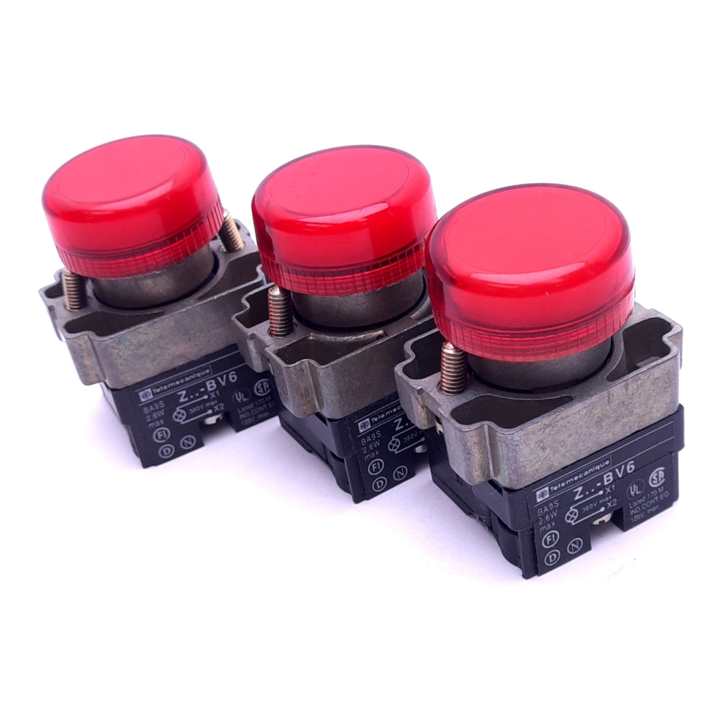 Used Lot of 3 Telemecanique Z..-BV6 Red Pilot Lights, ø30mm, 24V AC/DC