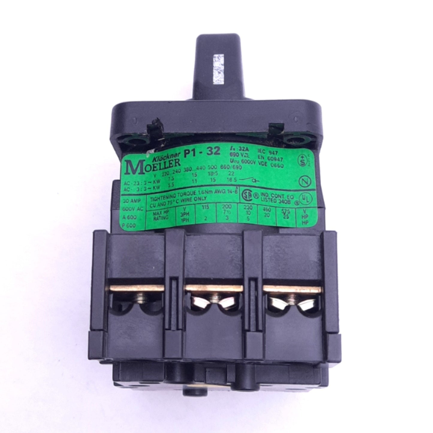Used Moeller P1-32 Rotary Disconnect Switch, 3-Pole, 32A, 690VAC, N.O.
