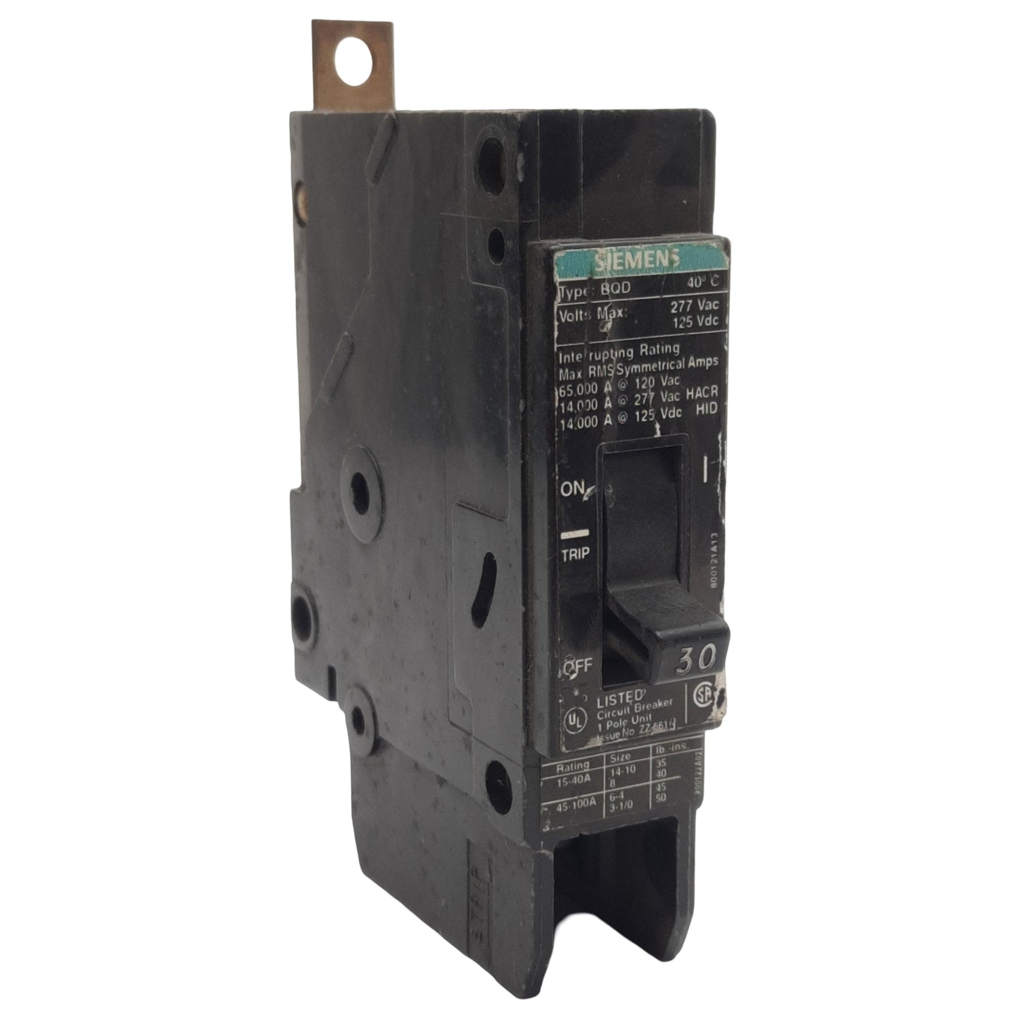 Used Siemens BQD130 Circuit Breaker, 1-Pole 1-Phase, 30A 277VAC/125VDC, Bolt-On