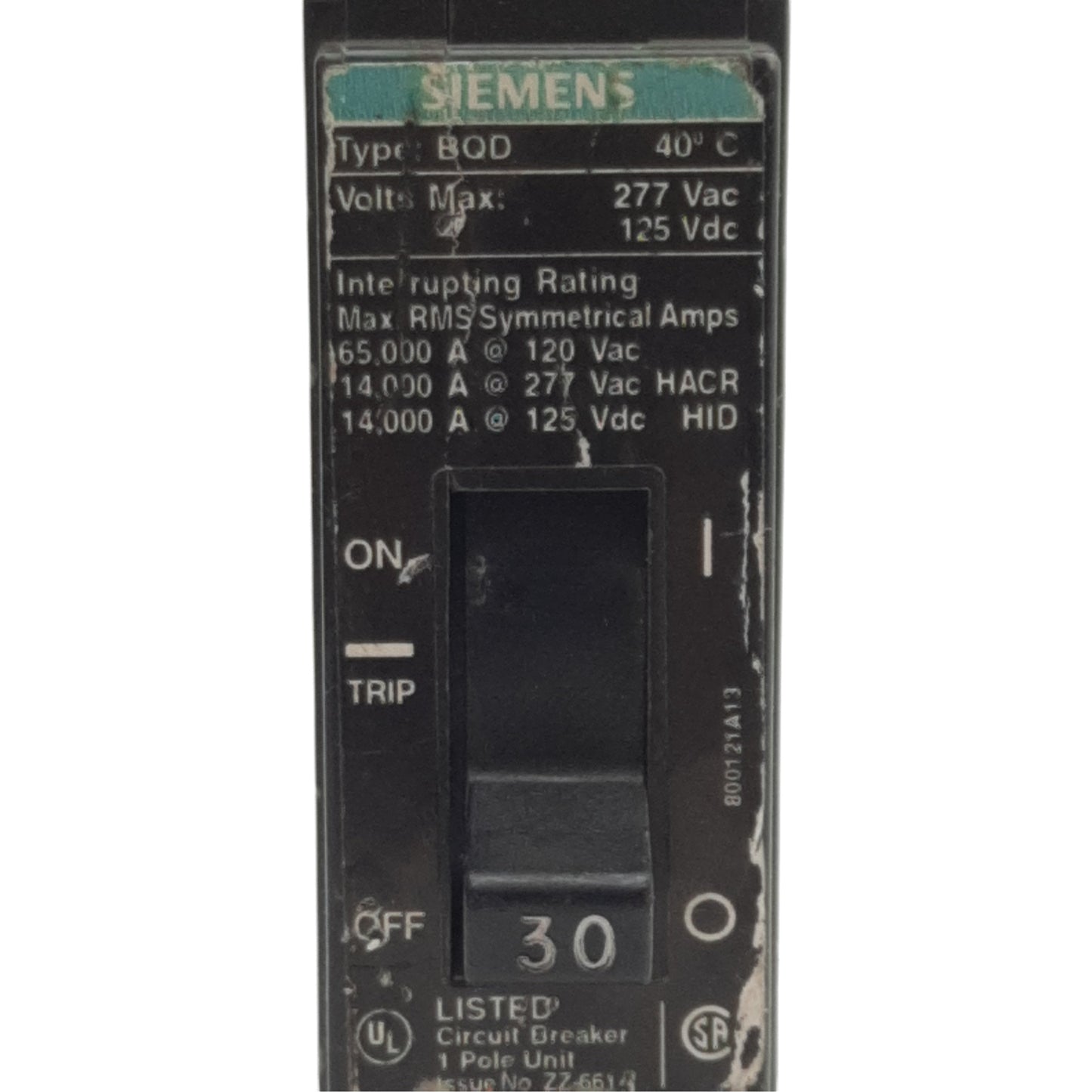 Used Siemens BQD130 Circuit Breaker, 1-Pole 1-Phase, 30A 277VAC/125VDC, Bolt-On