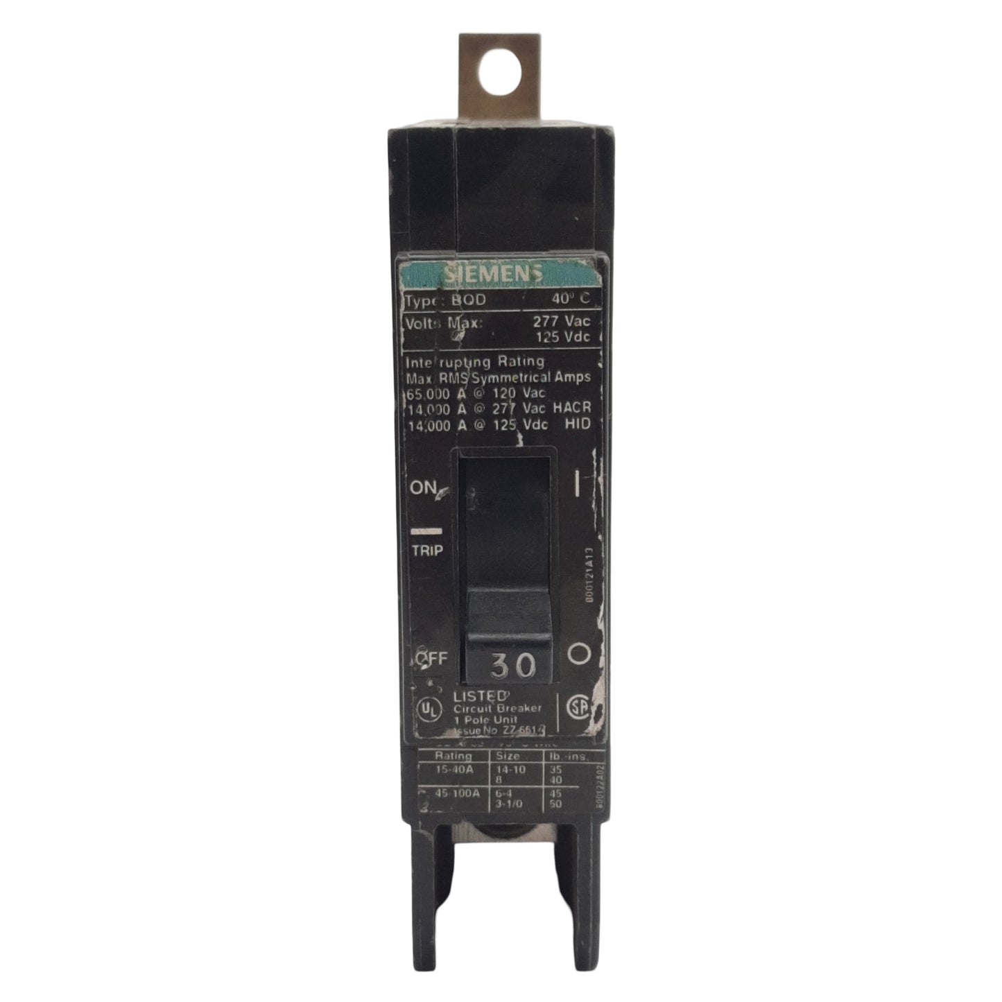 Used Siemens BQD130 Circuit Breaker, 1-Pole 1-Phase, 30A 277VAC/125VDC, Bolt-On