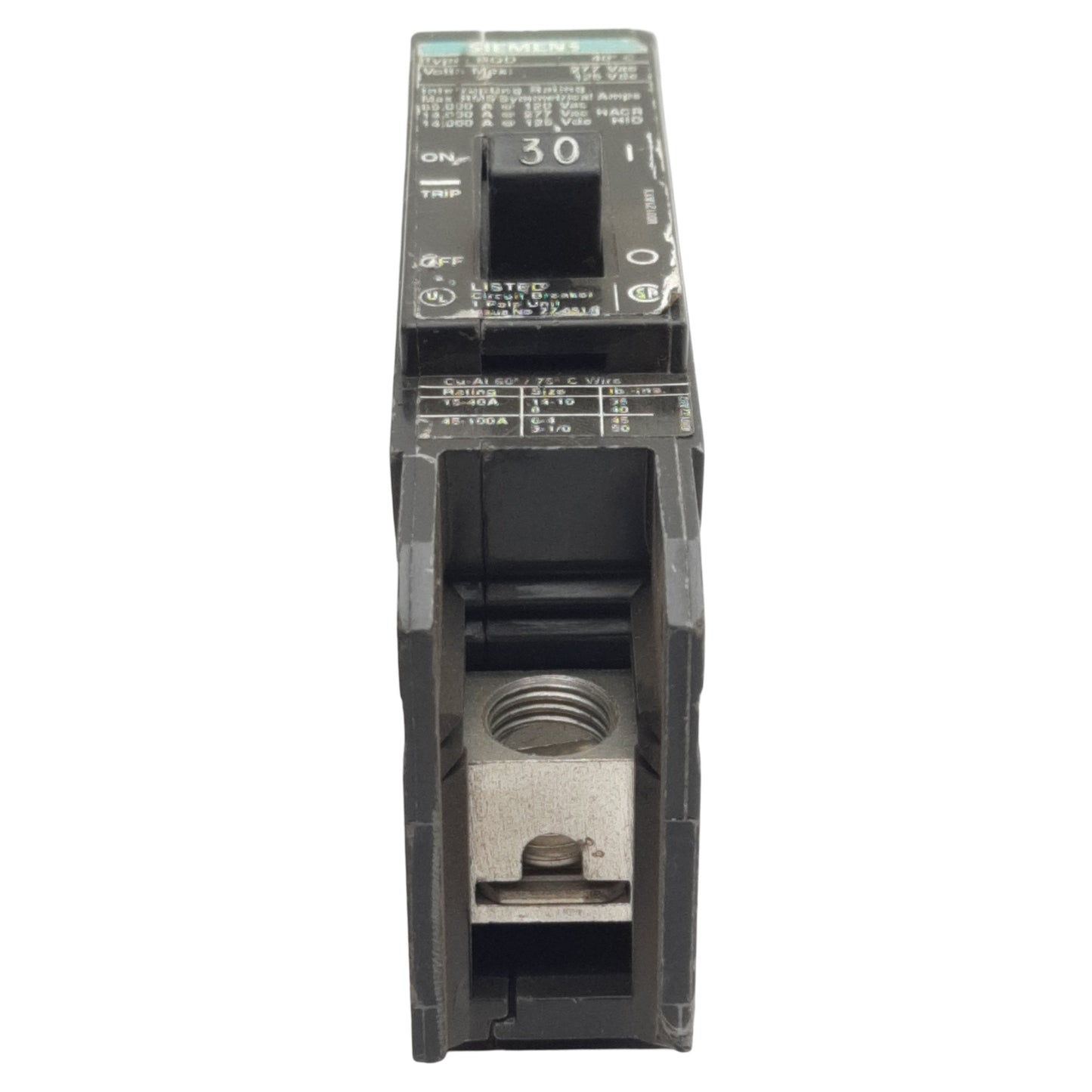 Used Siemens BQD130 Circuit Breaker, 1-Pole 1-Phase, 30A 277VAC/125VDC, Bolt-On