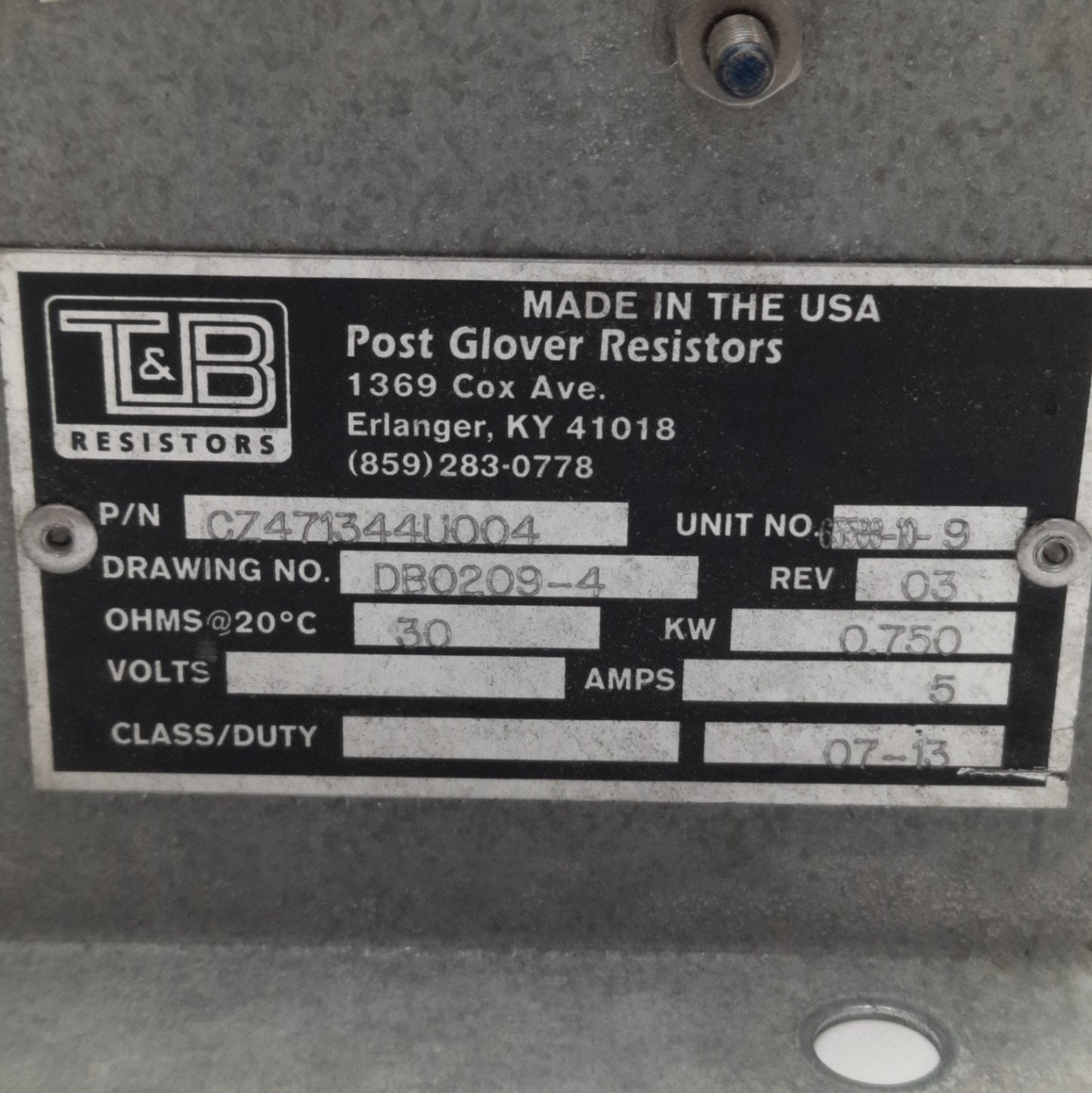 Used T&B Resistors CZ471344U004 Brake Resistor, 30 Ohms @ 20°C, 0.75kW, 5Amps
