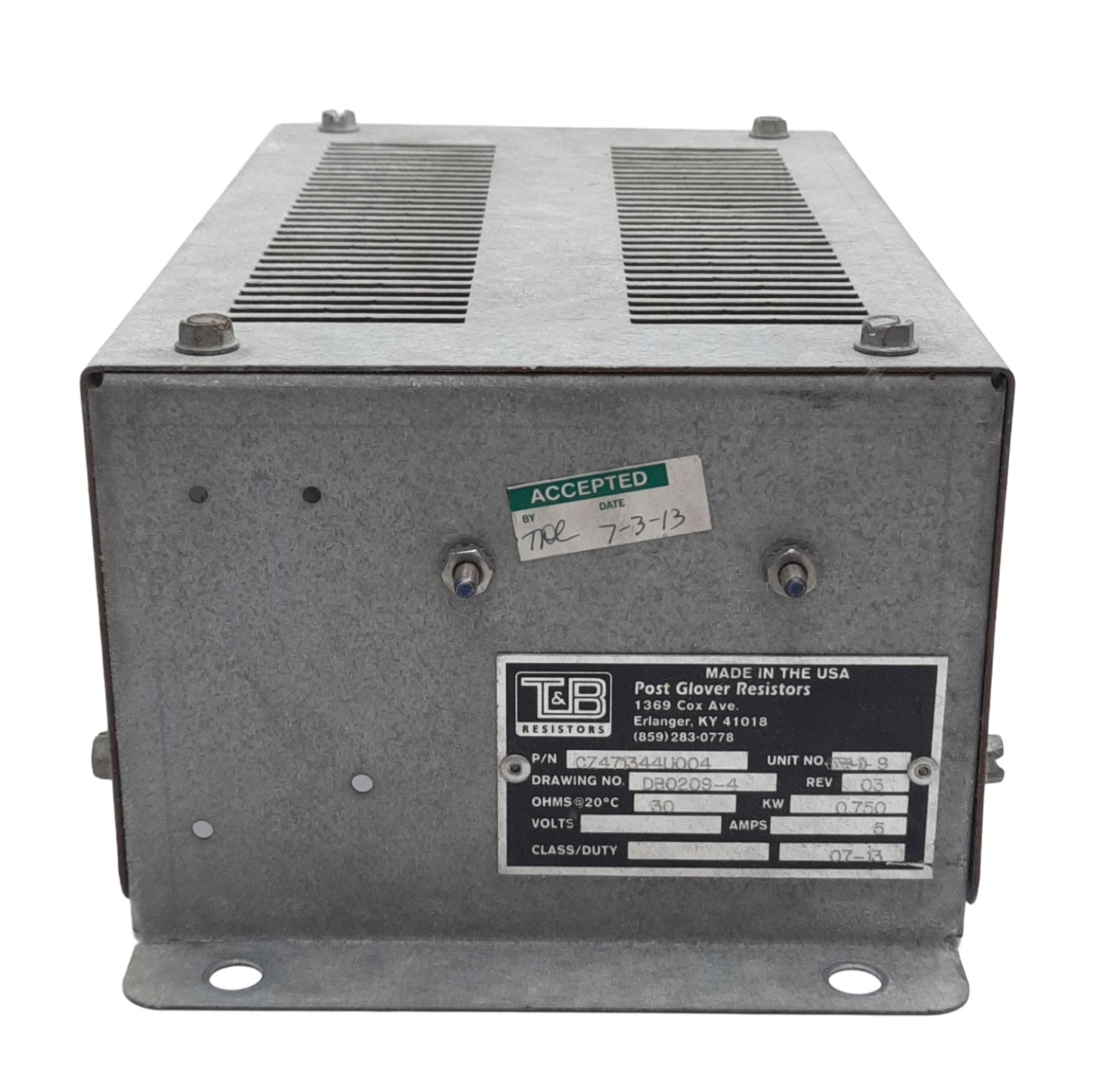 Used T&B Resistors CZ471344U004 Brake Resistor, 30 Ohms @ 20°C, 0.75kW, 5Amps