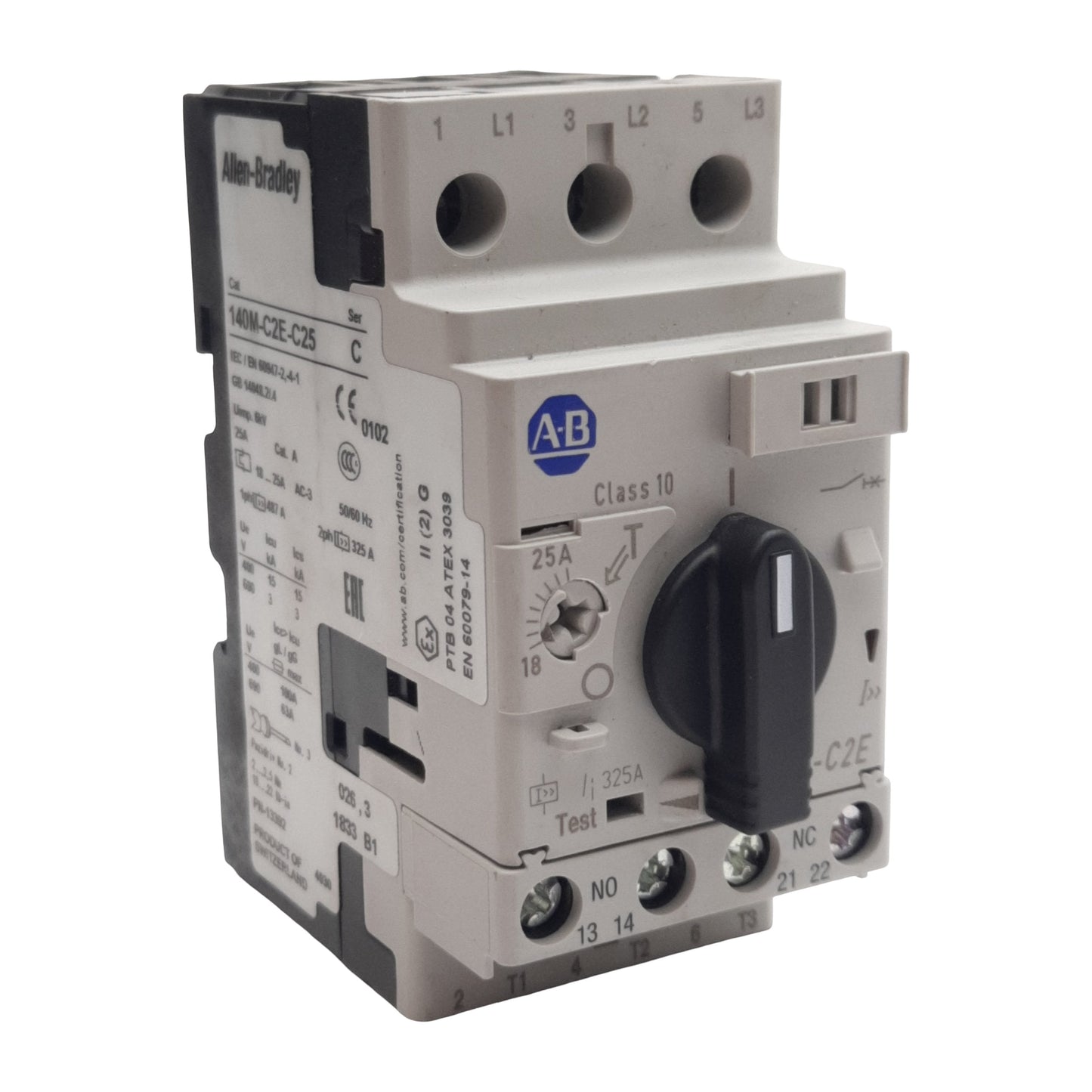 Used Allen Bradley 140M-C2E-C25 Circuit Breaker, 3-Pole 3PH 1NO + 1NC, 18-25A, 690VAC