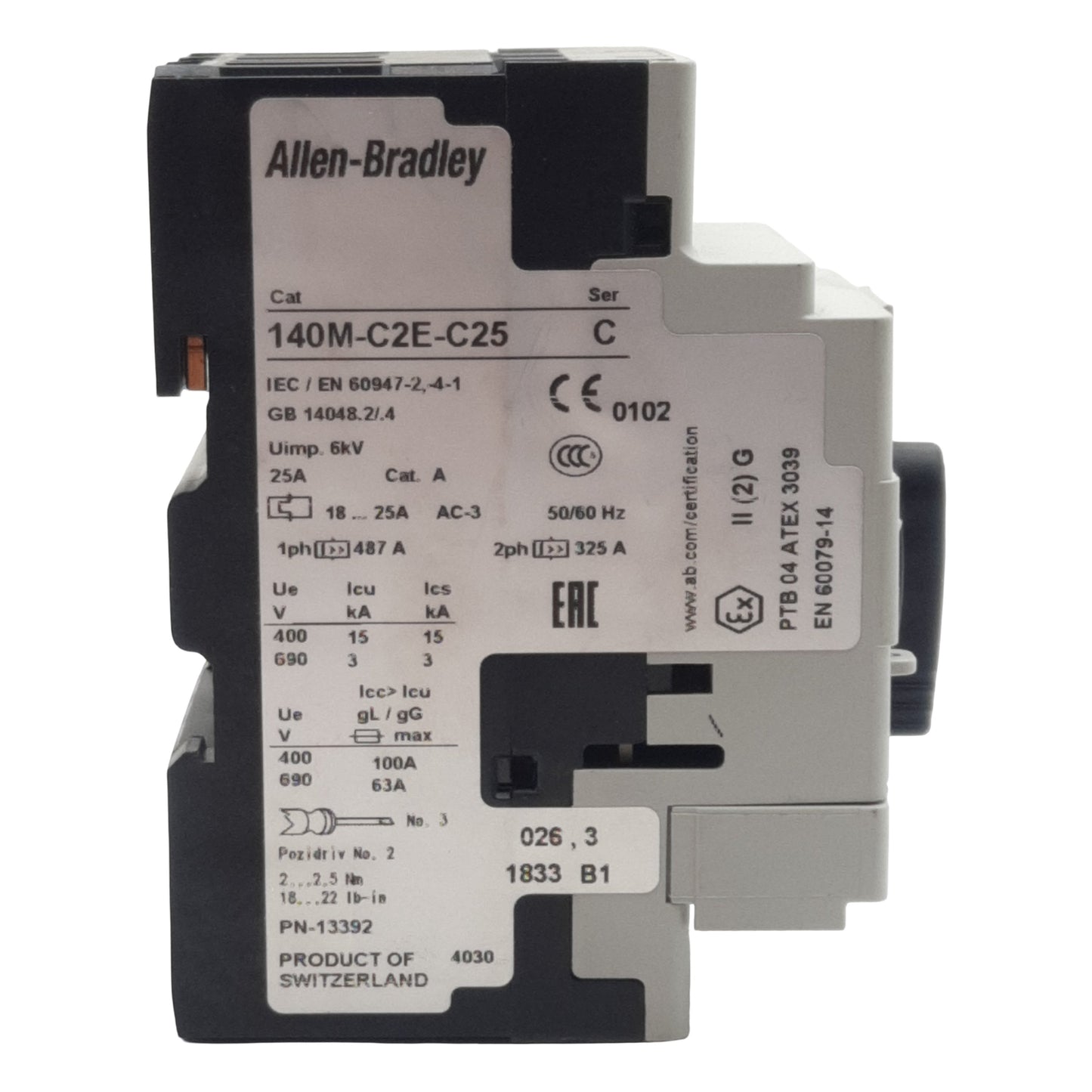 Used Allen Bradley 140M-C2E-C25 Circuit Breaker, 3-Pole 3PH 1NO + 1NC, 18-25A, 690VAC