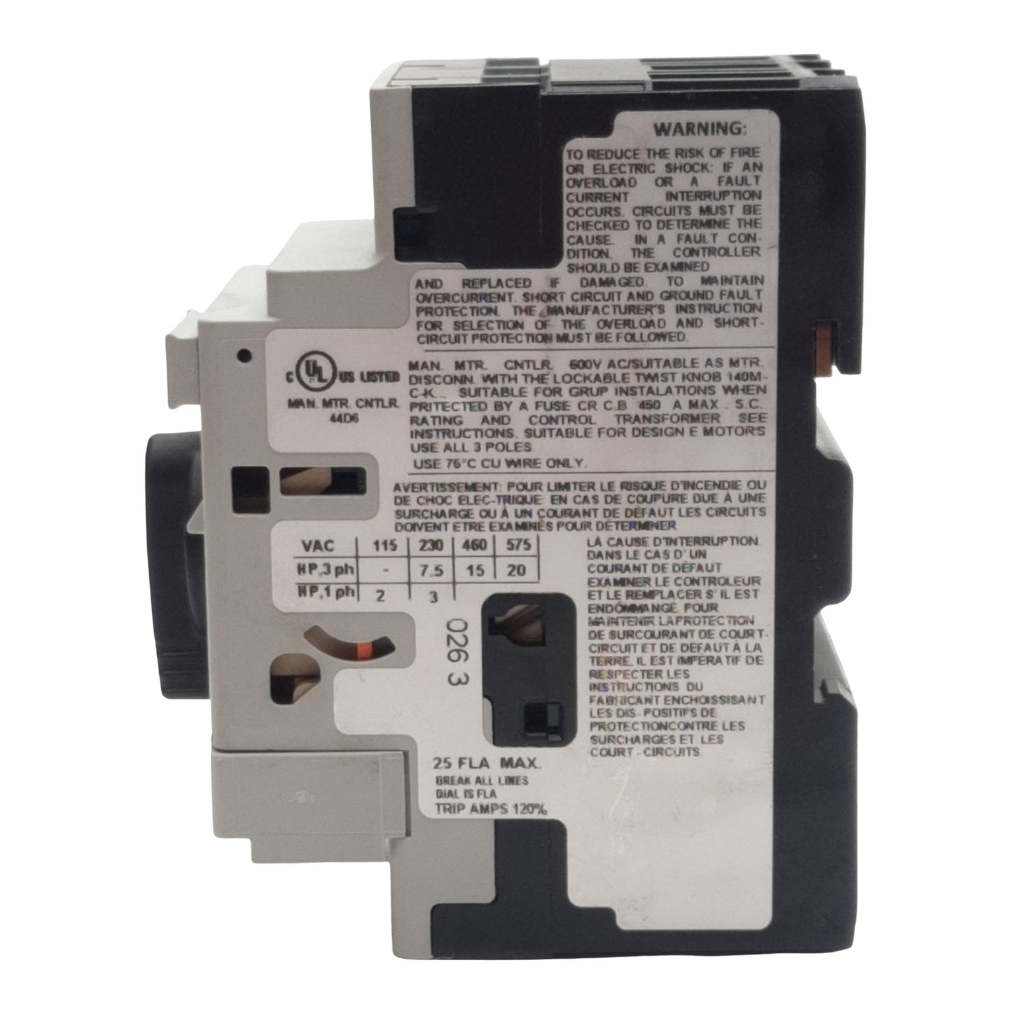 Used Allen Bradley 140M-C2E-C25 Circuit Breaker, 3-Pole 3PH 1NO + 1NC, 18-25A, 690VAC