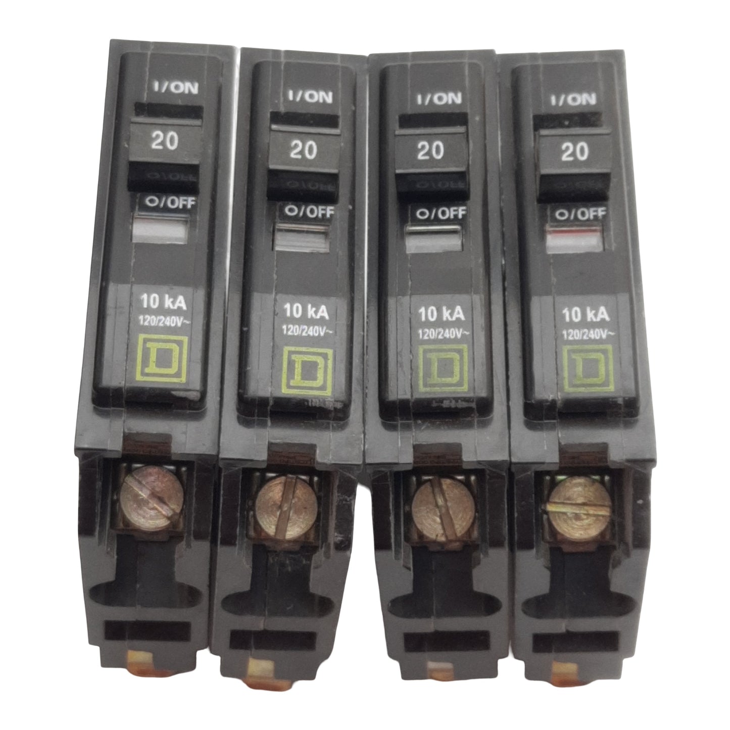 Used Lot of 4 Square-D QOB120 Circuit Breaker, 1-Pole, 20A 120/240VAC 48VDC, Bolt-On