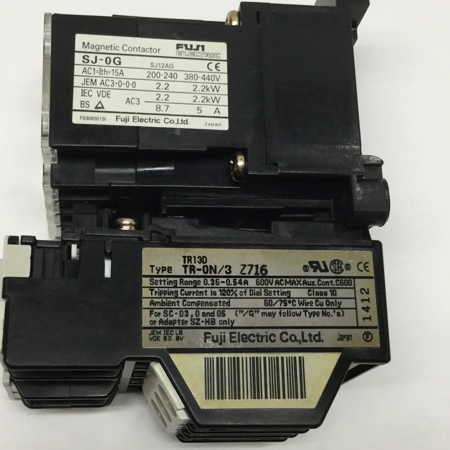 Used Fuji SJ-0G Motor Starter Contactor 3-Pole 24VDC Coil w/Overload Relay 0.36-0.54A