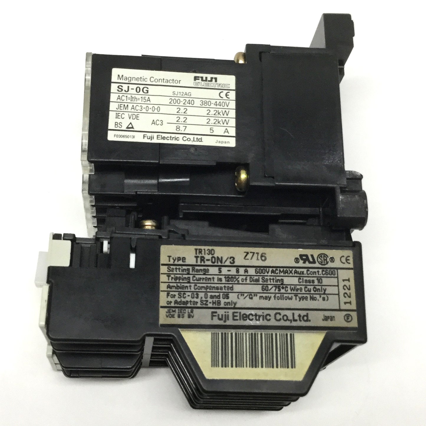 Used Fuji SJ-0G Motor Starter Contactor 3-Pole 24VDC Coil w/Overload Relay 5-8A