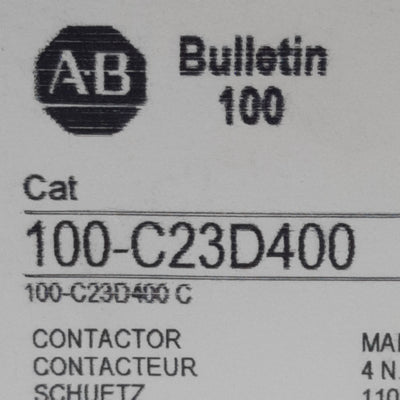 New Allen Bradley 100-C23D400 Contactor, 4-Poles, 30A 600VAC, 110/120VAC Coil