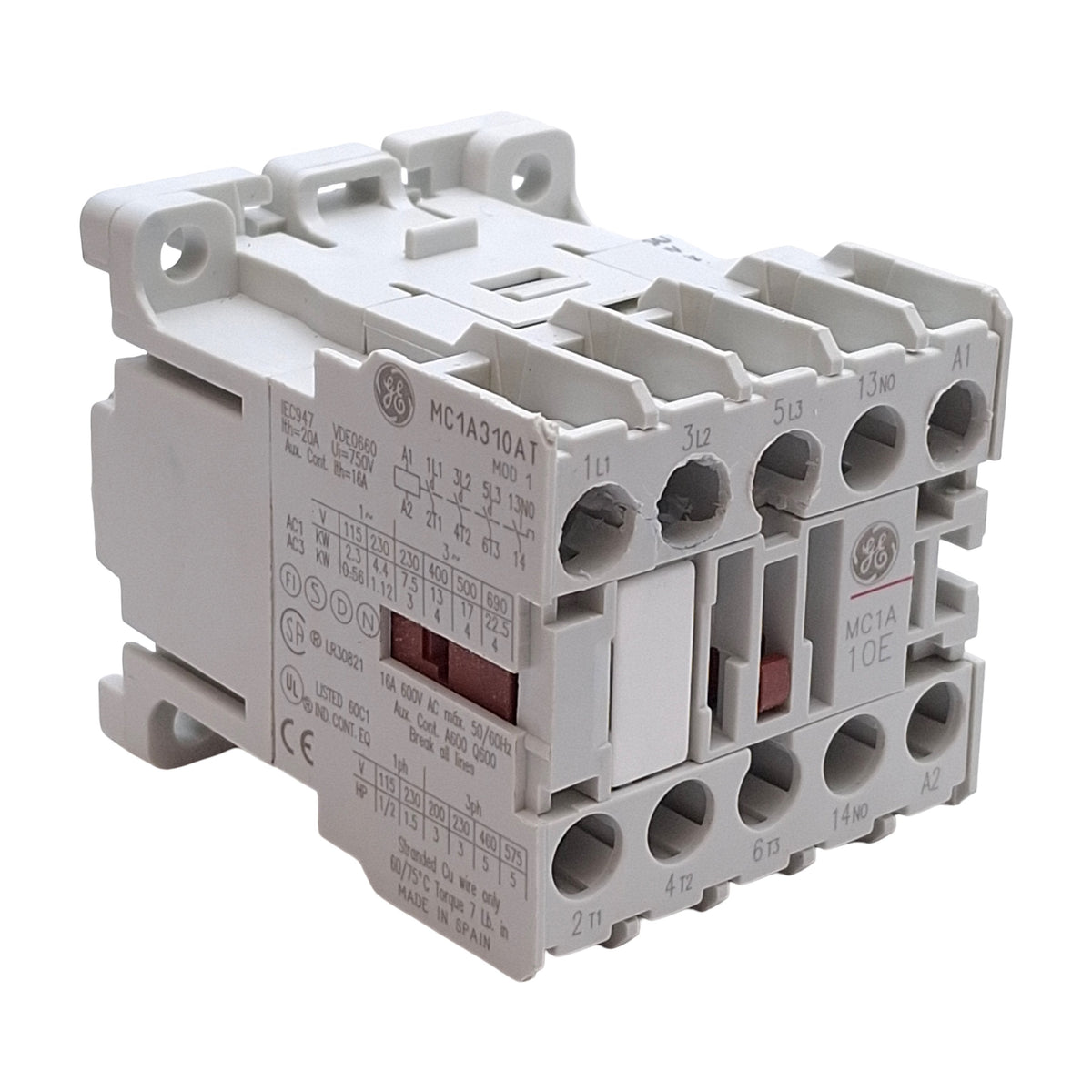 Used GE MC1A310AT Mini Contactor, 3-Pole + 1NO Aux, 16A 690VAC 4kW, 120VAC Coil