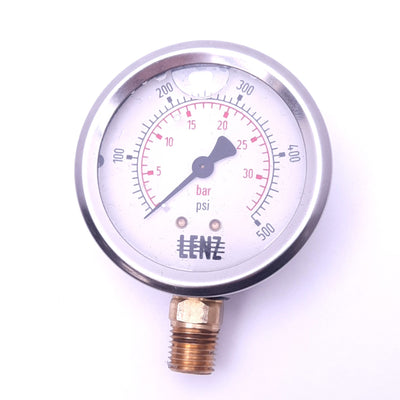 New Lenz BAC-500-25 Pressure Gauge, ø2.5in, 1/4in NPT, 0-500psi, Glycerin Filled
