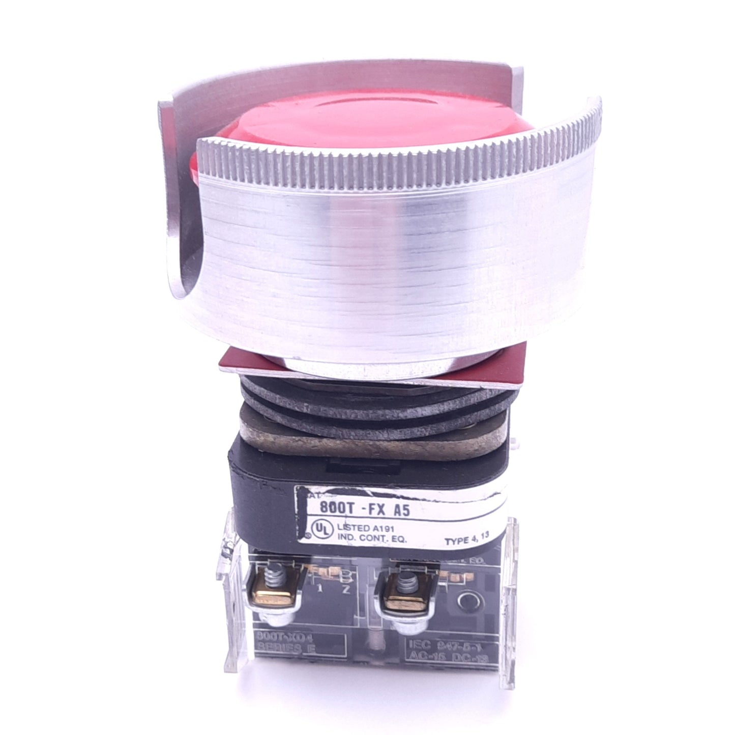 Used Allen Bradley 800T-FXA5 Push/Pull E-Stop Switch w/ Guard, 30mm, 2NCLB 600VAC 10A