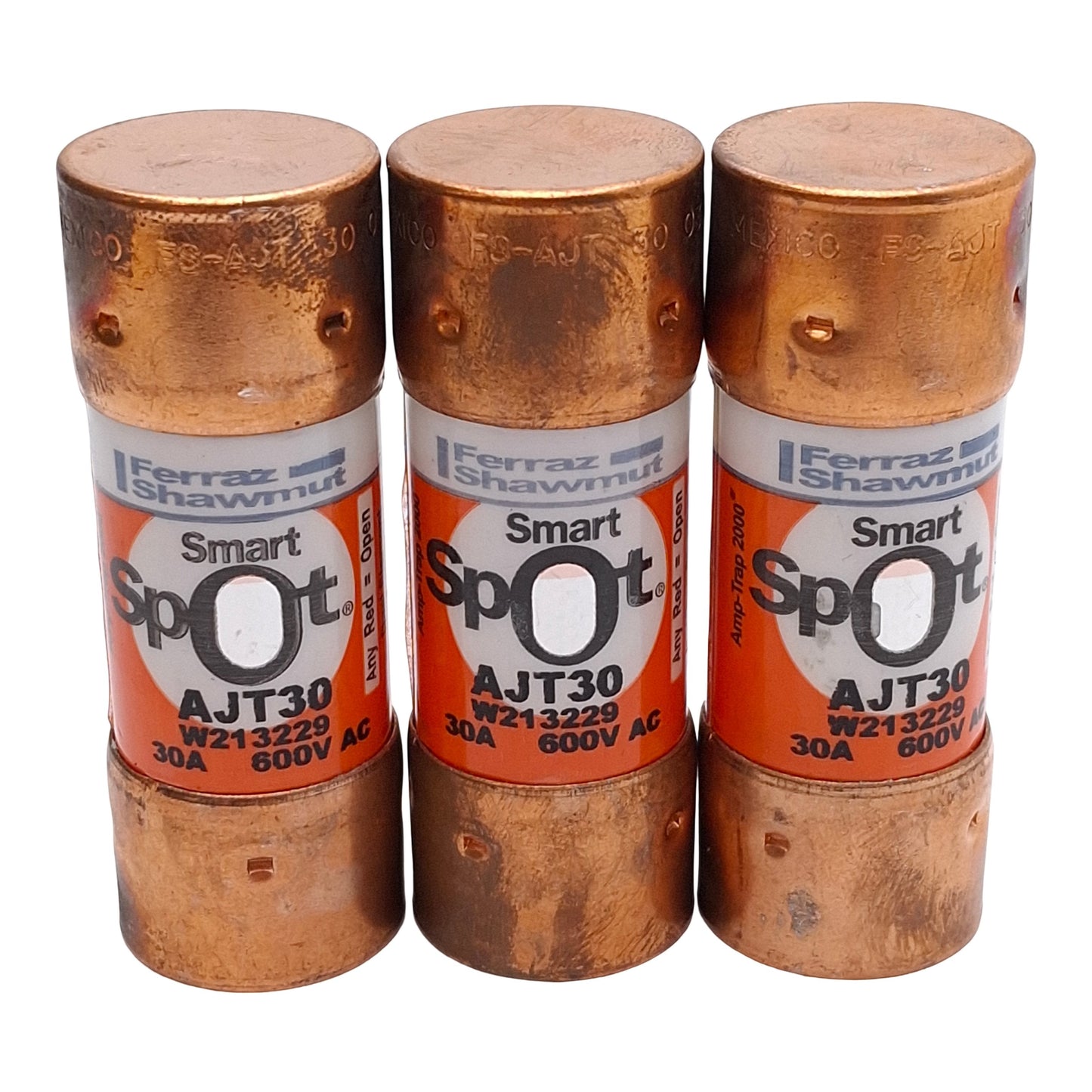Used Lot of 3 Ferraz Shawmut AJT30 Smart Spot Time Delay Fuse, Class J, 30A 600VAC