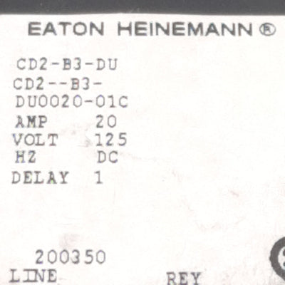 Used Eaton Heinemann CD2-B3-DU0020-01C Circuit Breaker, 2-Poles, 20A 0-125VDC